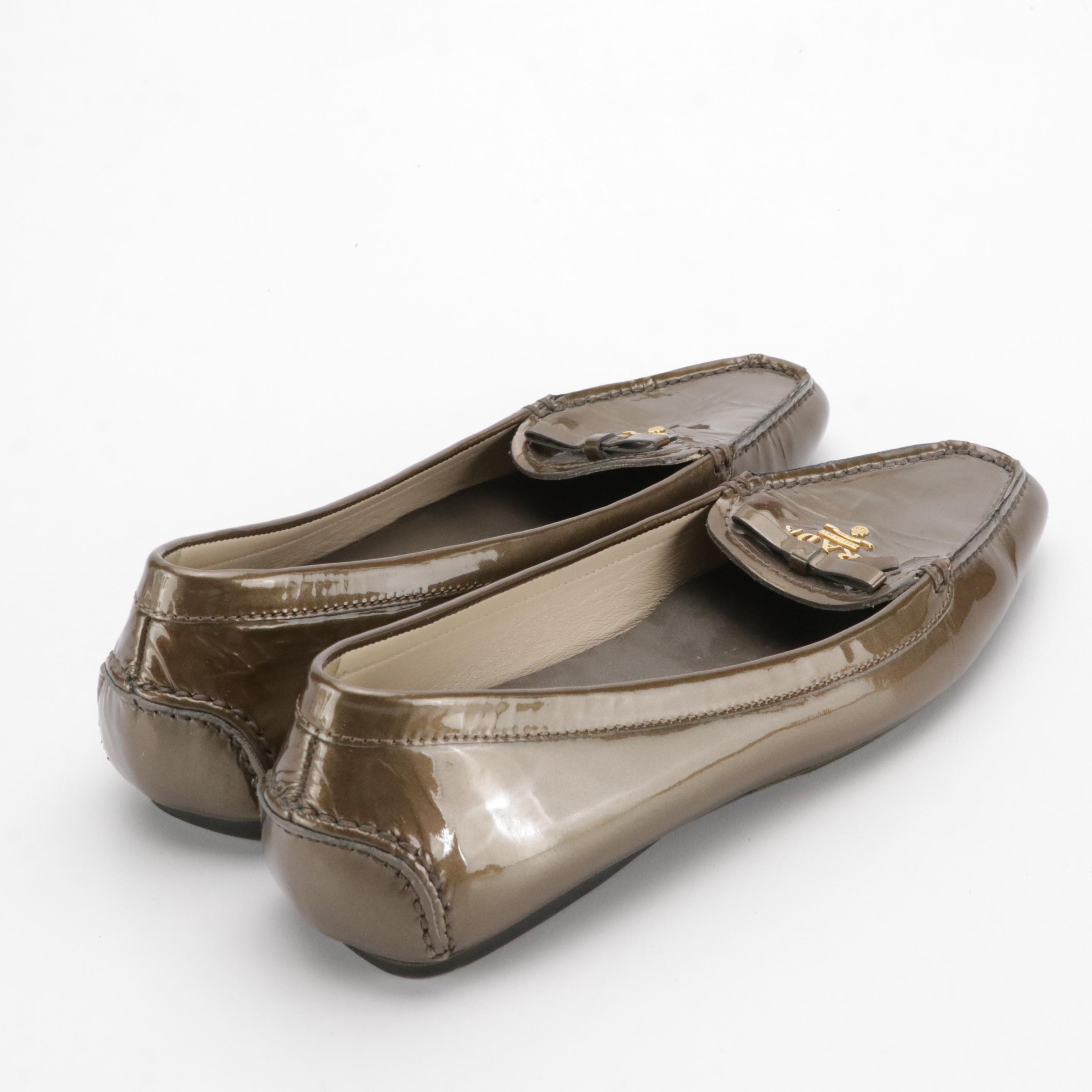 Prada Bow Loafers in Bronzey Patent Leather