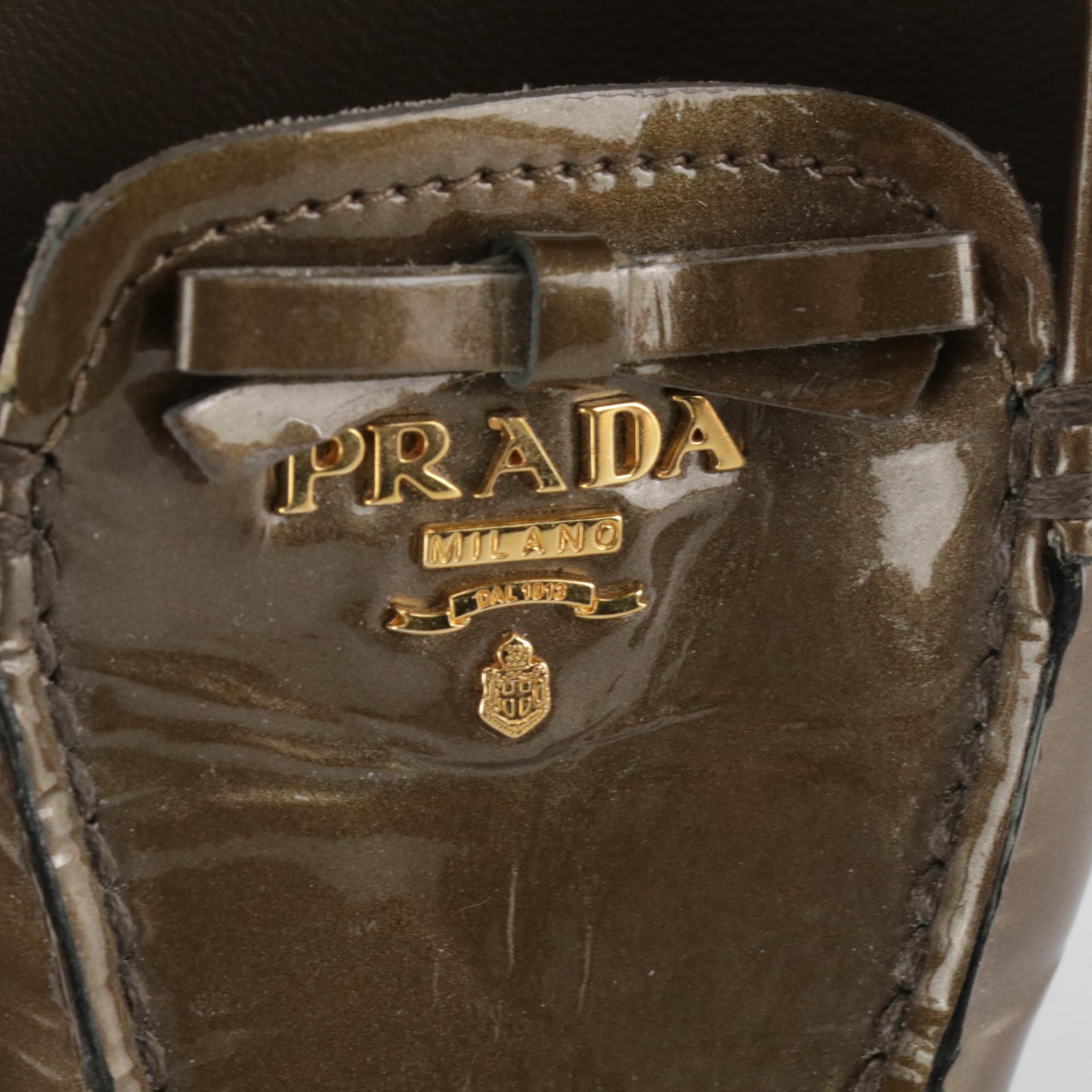 Prada Bow Loafers in Bronzey Patent Leather