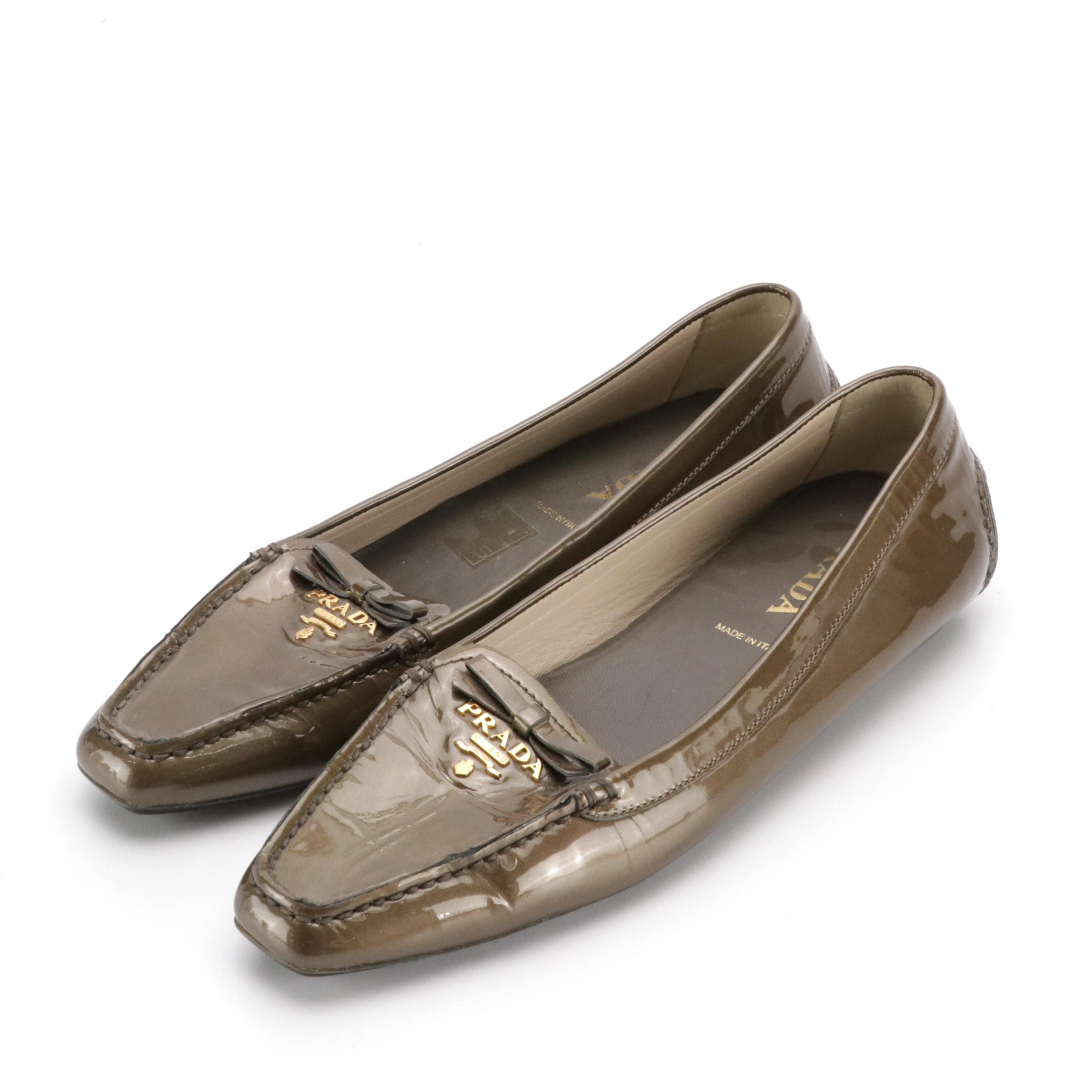 Prada Bow Loafers in Bronzey Patent Leather