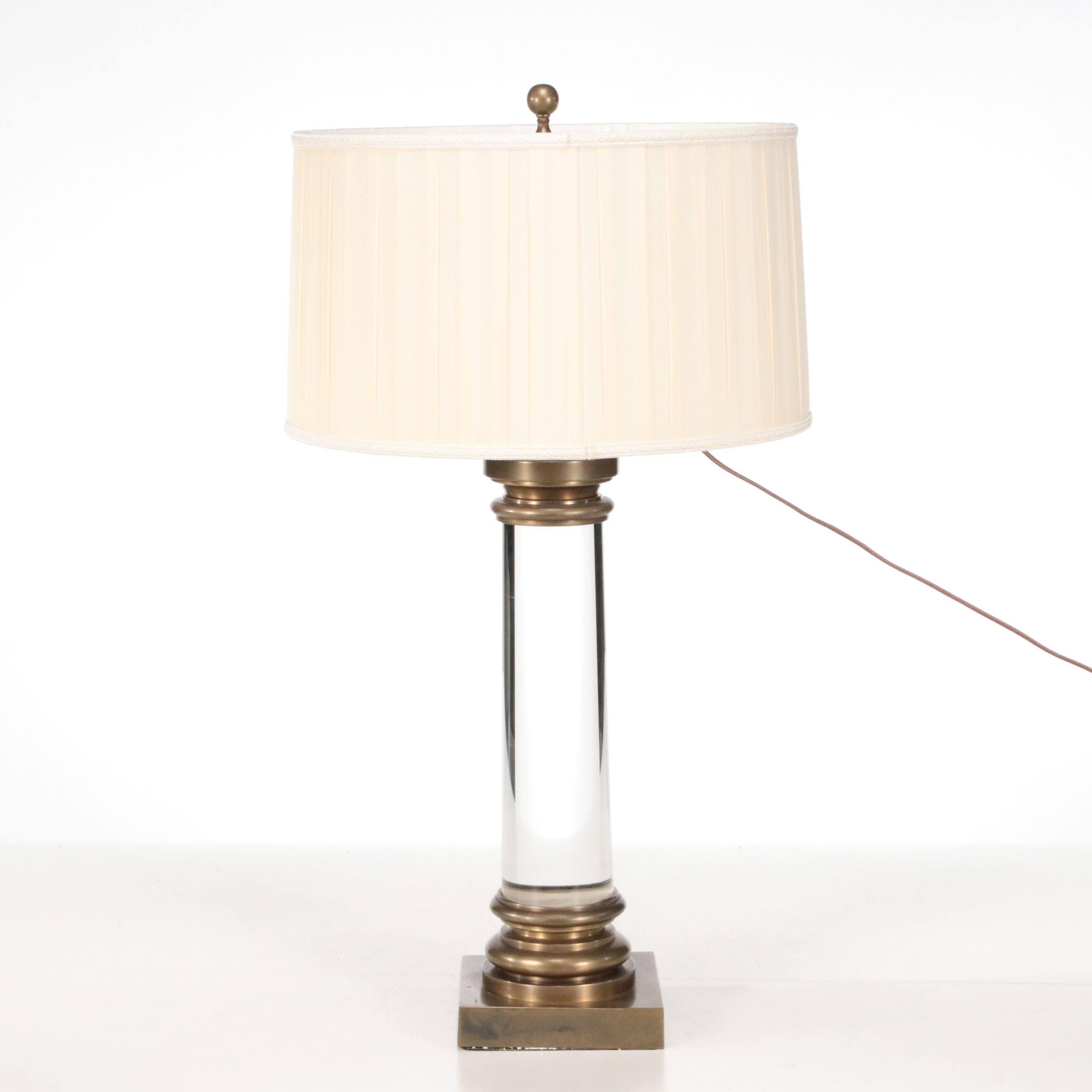 French Adapted Crystal Pillar Brass Mount Table Lamps and Pleated Silk Shades