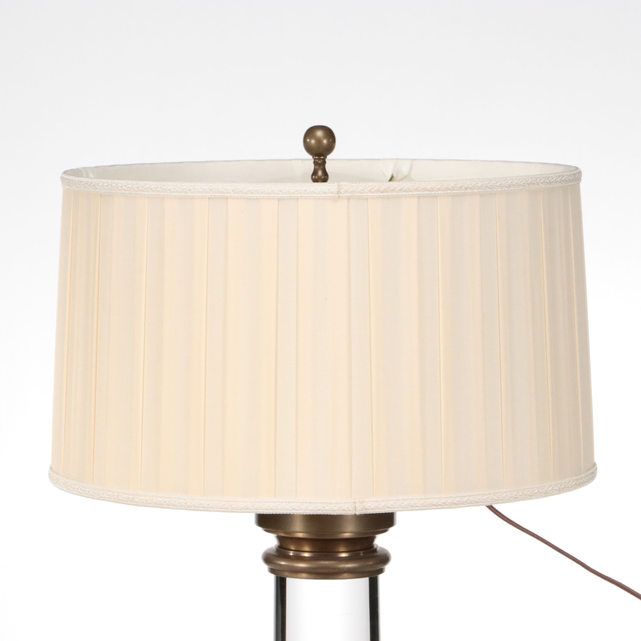 French Adapted Crystal Pillar Brass Mount Table Lamps and Pleated Silk Shades