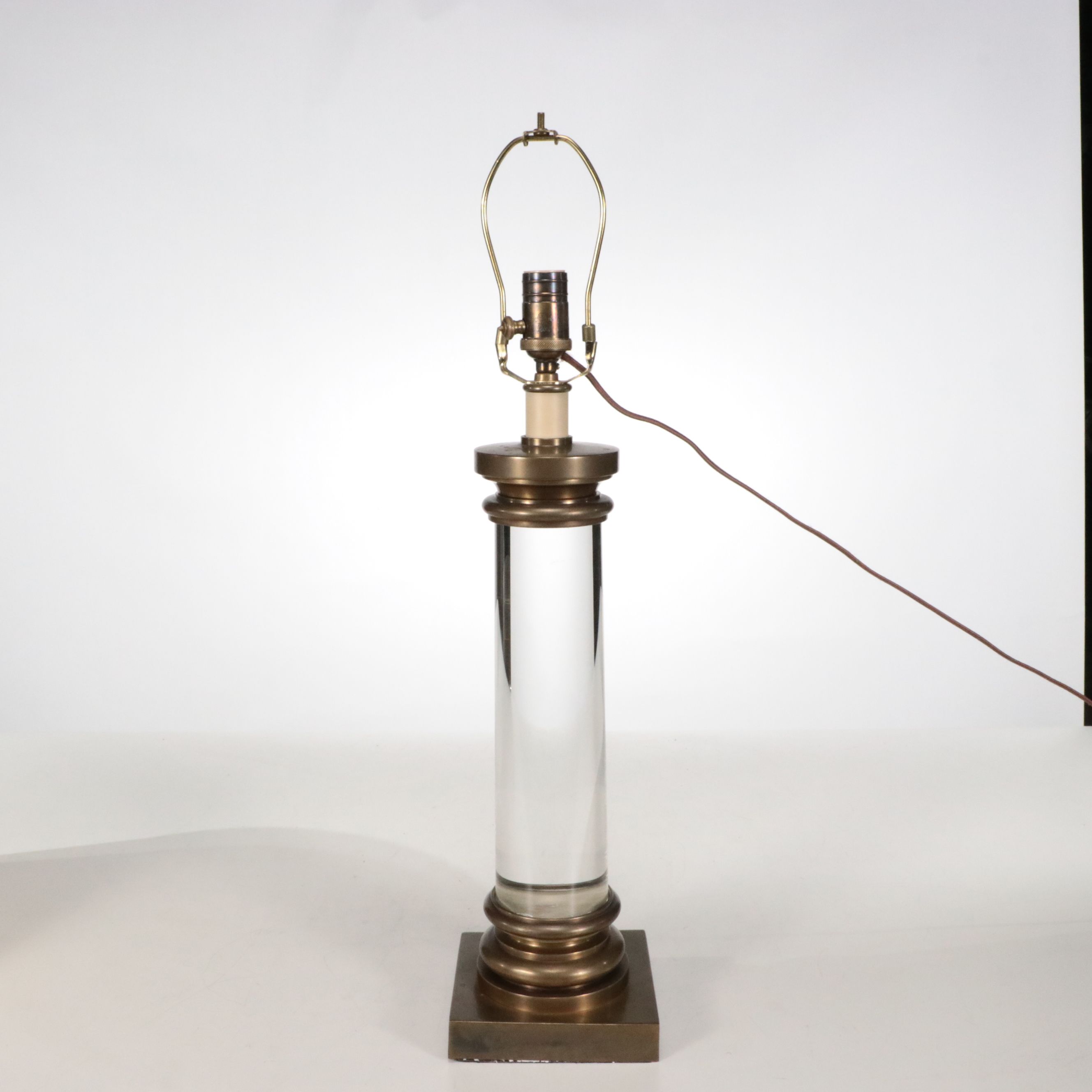 French Adapted Crystal Pillar Brass Mount Table Lamps and Pleated Silk Shades