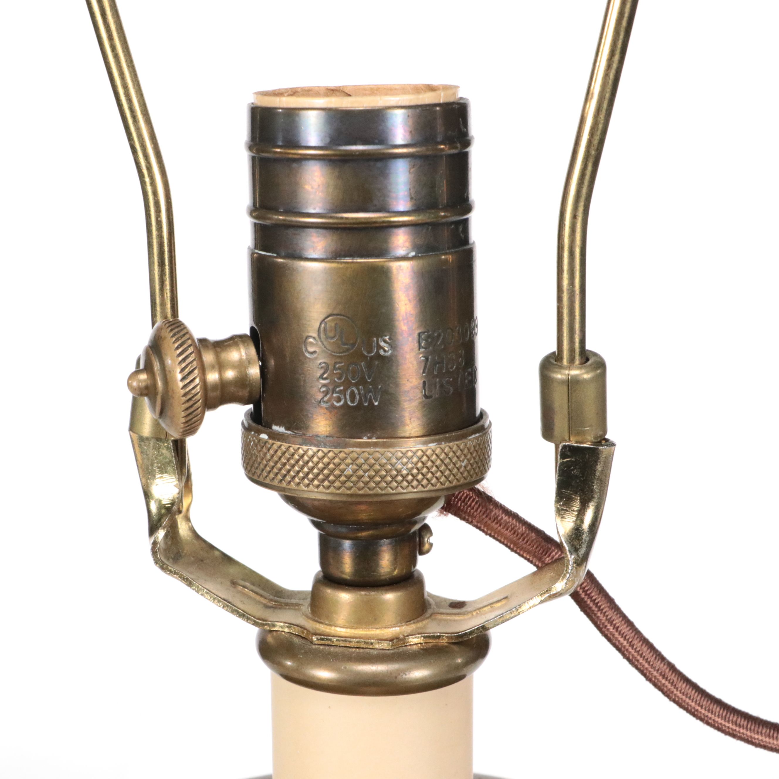 French Adapted Crystal Pillar Brass Mount Table Lamps and Pleated Silk Shades