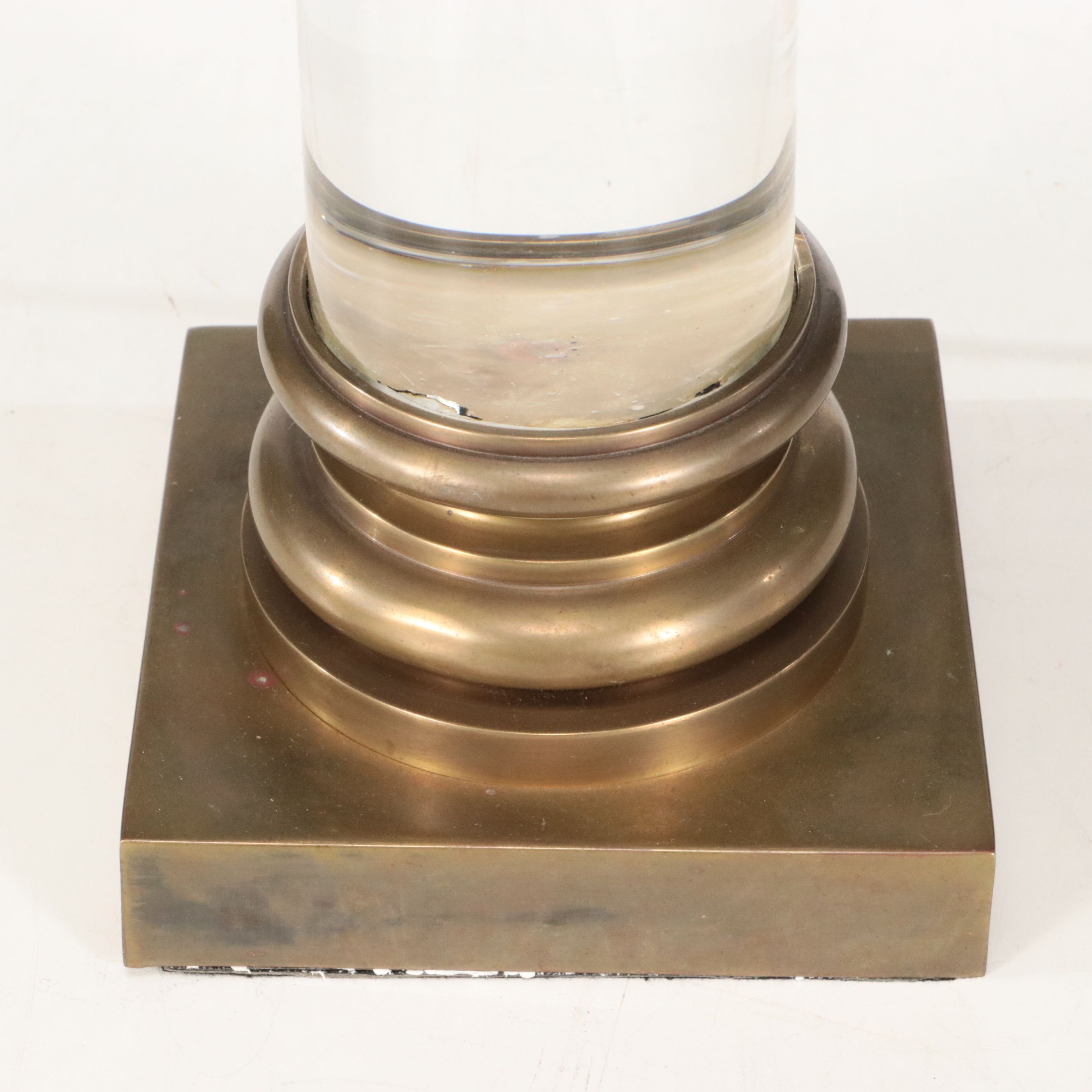 French Adapted Crystal Pillar Brass Mount Table Lamps and Pleated Silk Shades