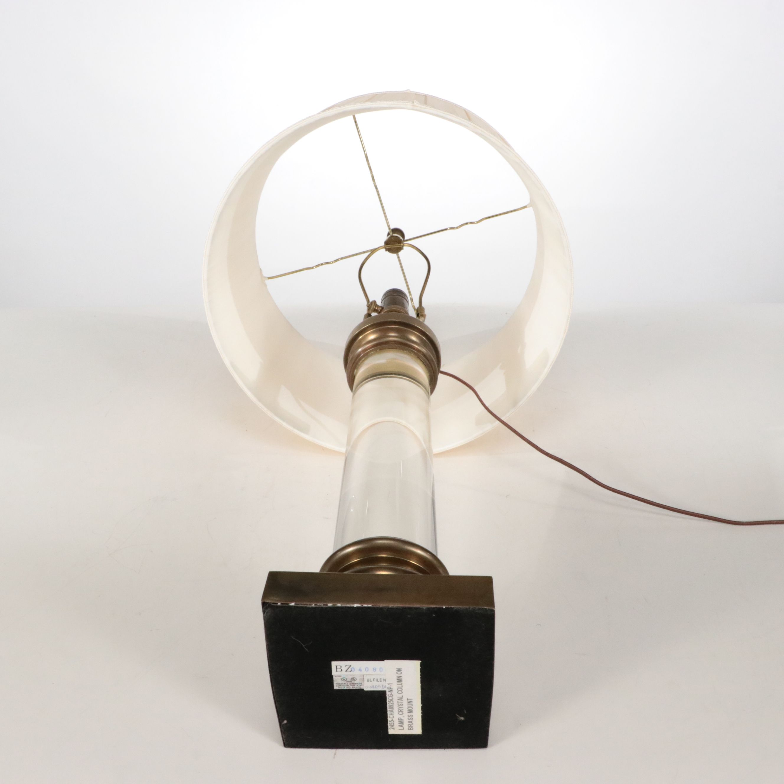 French Adapted Crystal Pillar Brass Mount Table Lamps and Pleated Silk Shades