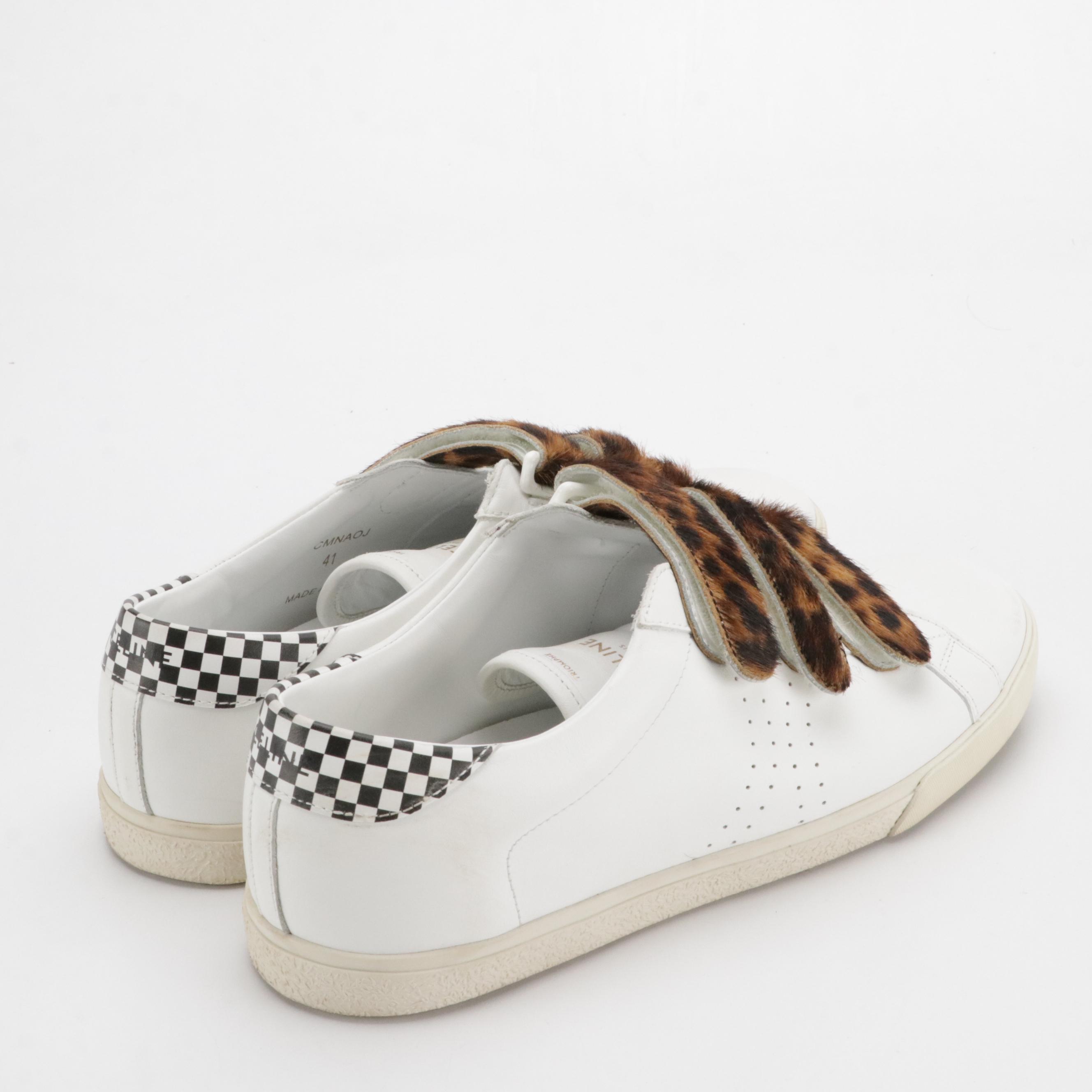 Celine Triomphe White Leather Sneakers with Leopard Pony Hair Straps