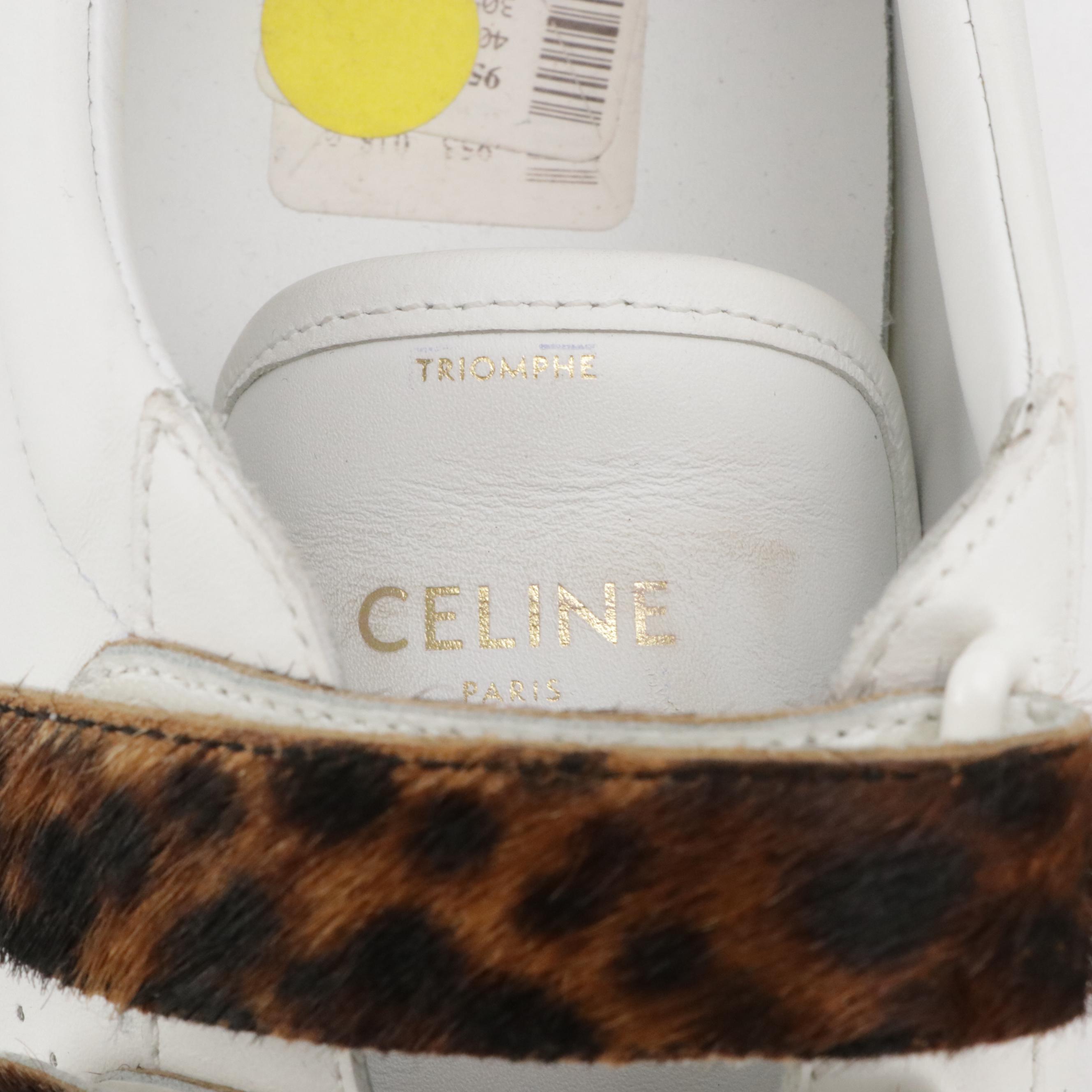 Celine Triomphe White Leather Sneakers with Leopard Pony Hair Straps