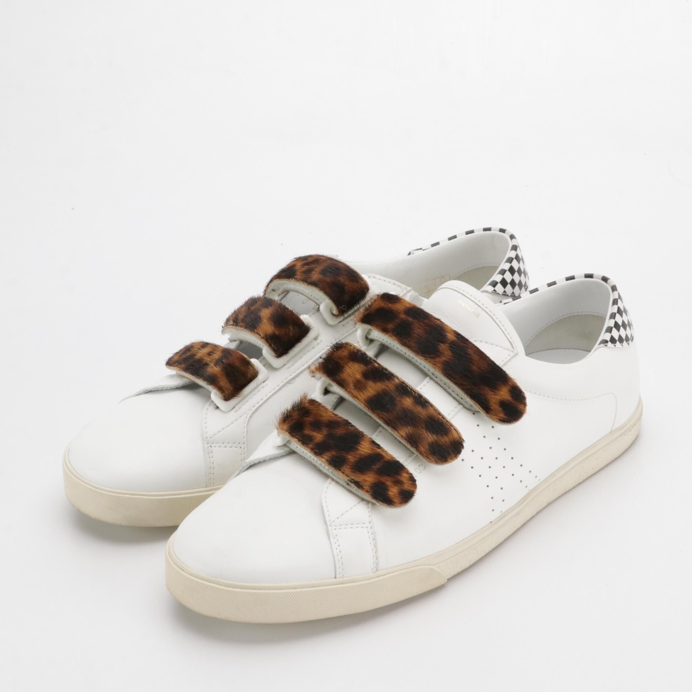 Celine Triomphe White Leather Sneakers with Leopard Pony Hair Straps