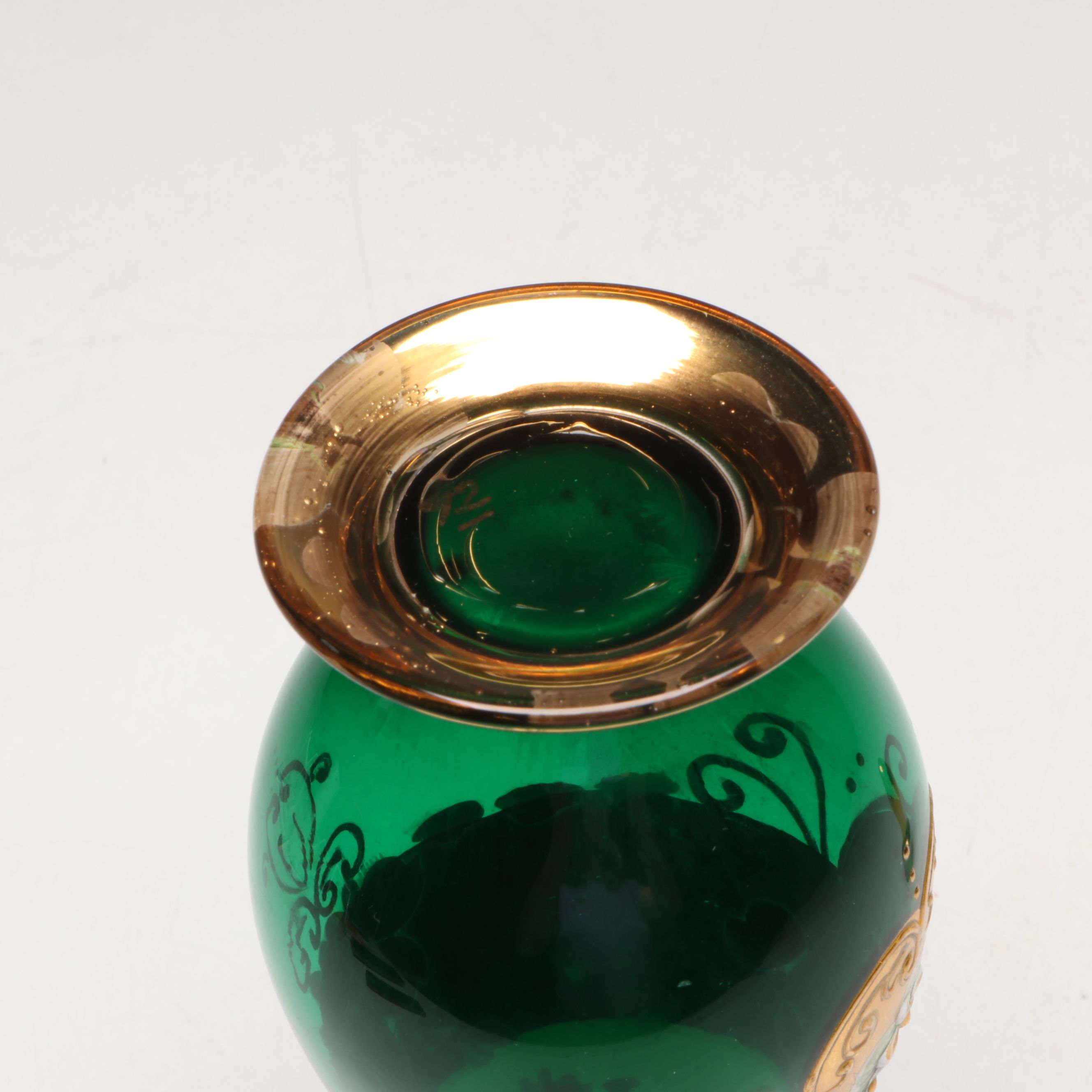 Bohemian Style Gilt Emerald and Enamel Decanter and Cordial Glass Set