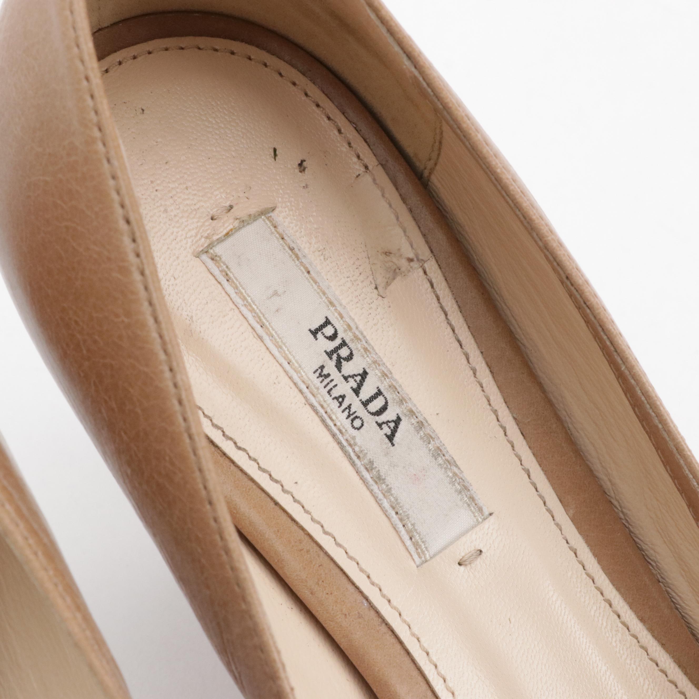 Prada Round-Toe Pumps in Beige Vitello Shine Leather, With Box