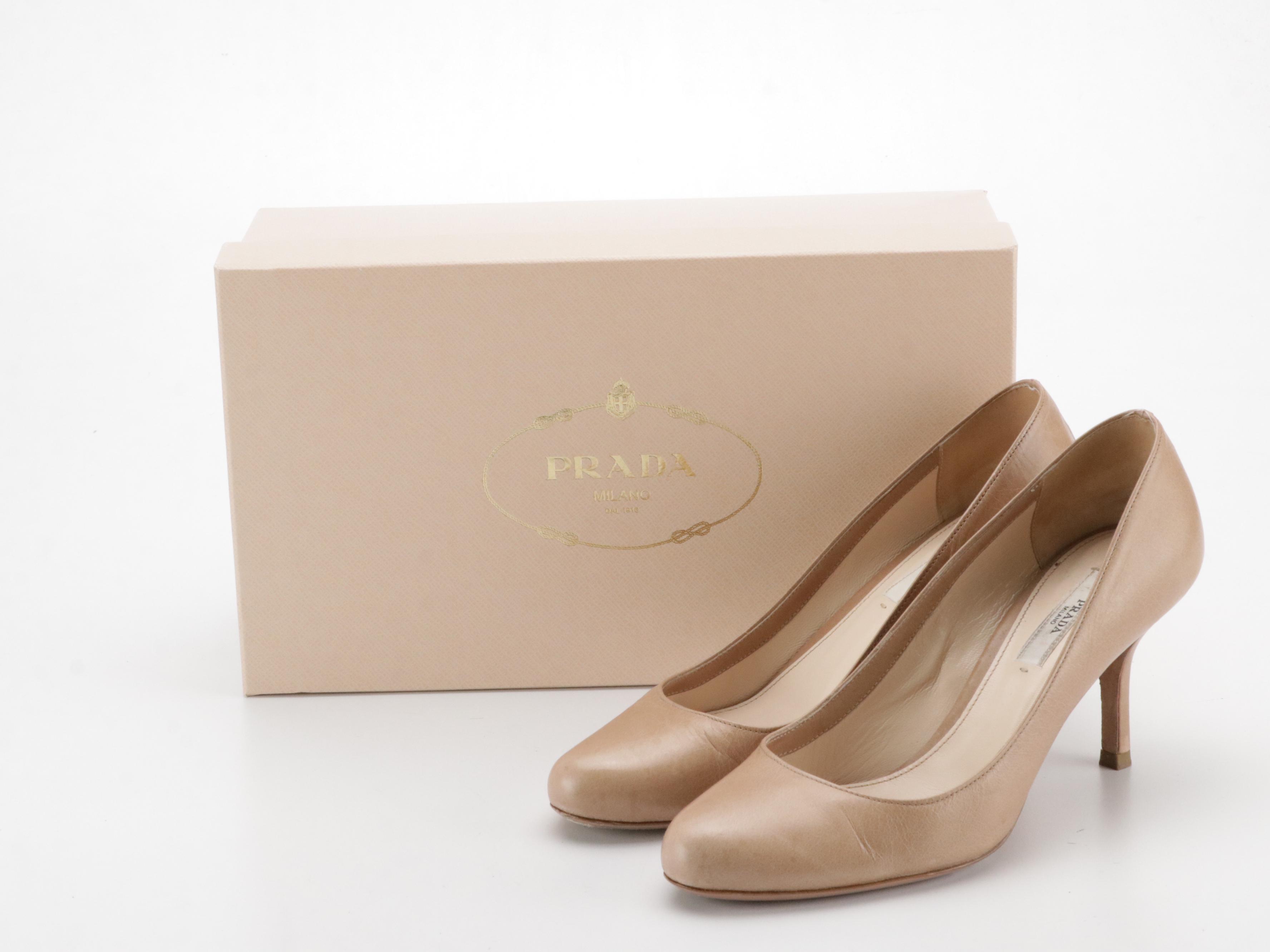 Prada Round-Toe Pumps in Beige Vitello Shine Leather, With Box