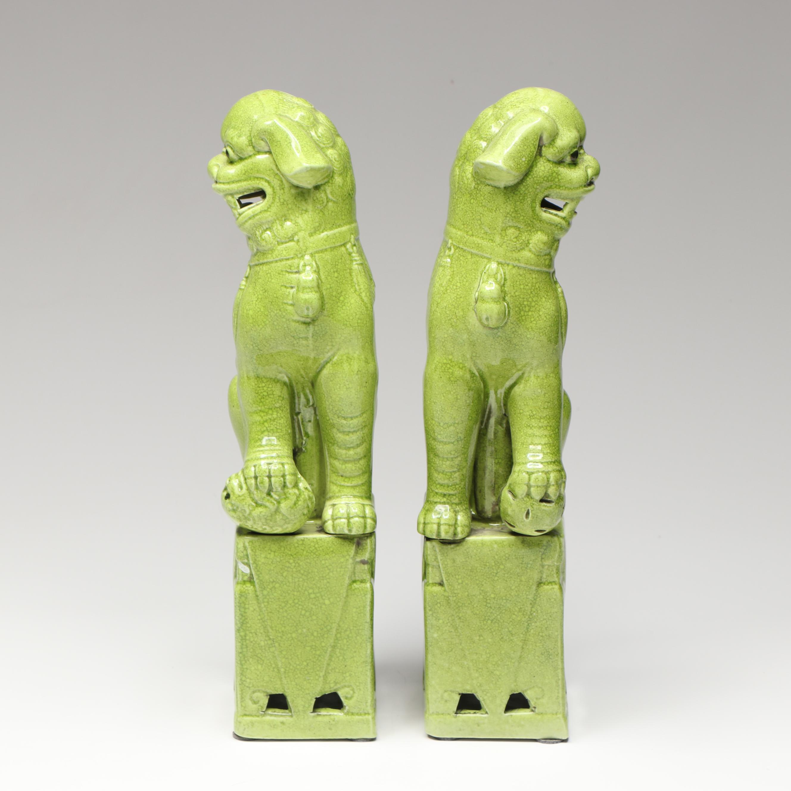 Pair of Chinese Style Green Crackle Glazed Ceramic Guardian Lion Figurines