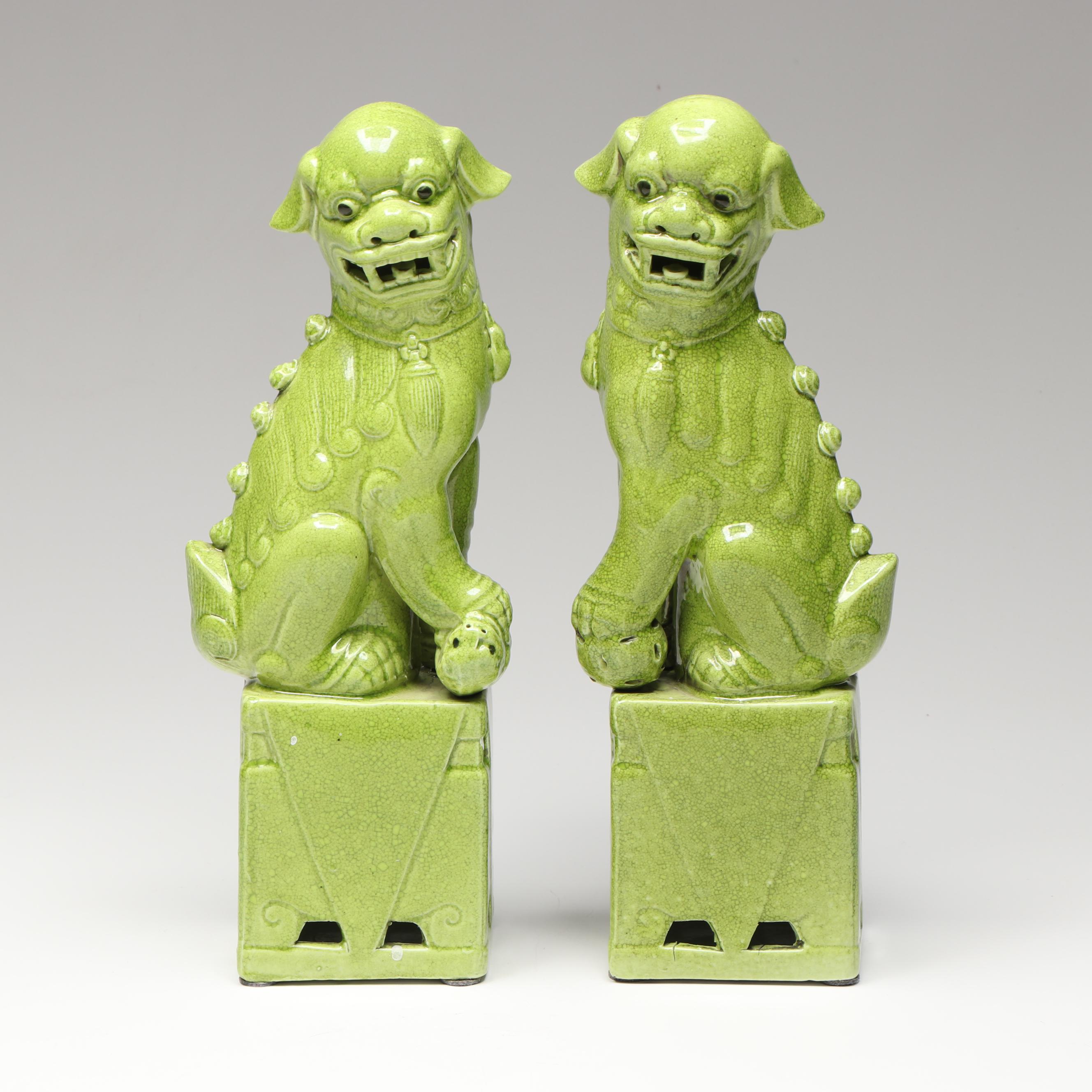 Pair of Chinese Style Green Crackle Glazed Ceramic Guardian Lion Figurines