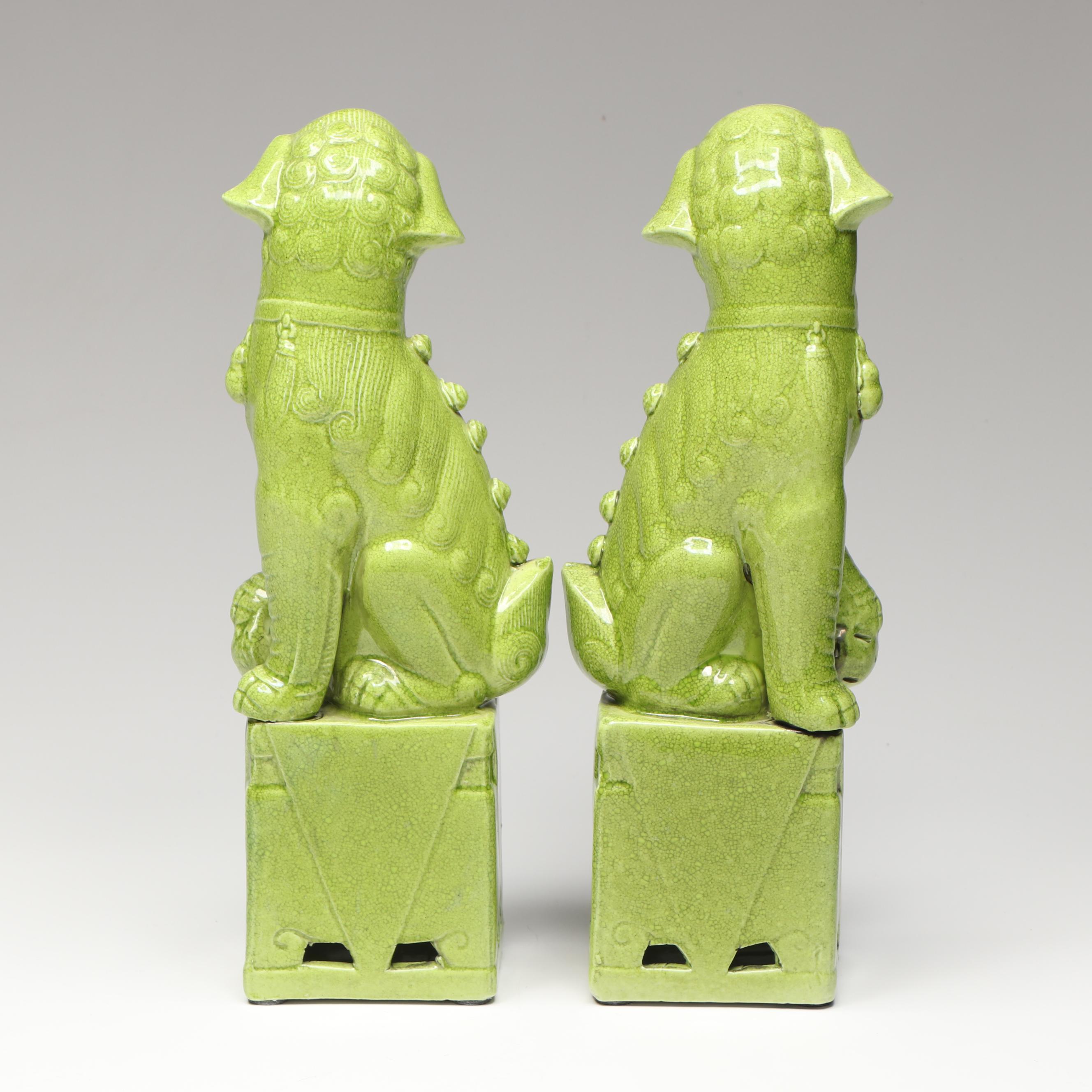 Pair of Chinese Style Green Crackle Glazed Ceramic Guardian Lion Figurines