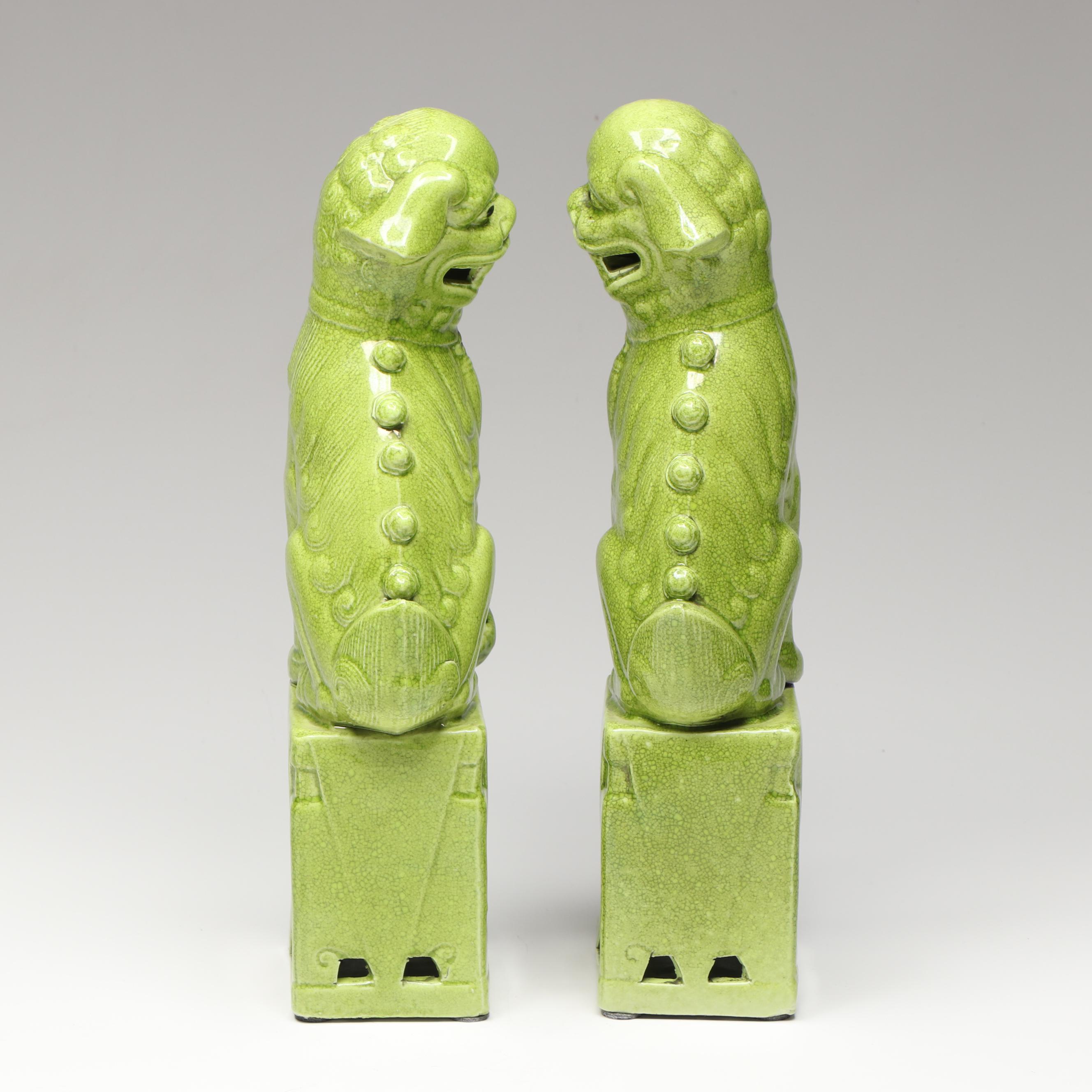 Pair of Chinese Style Green Crackle Glazed Ceramic Guardian Lion Figurines