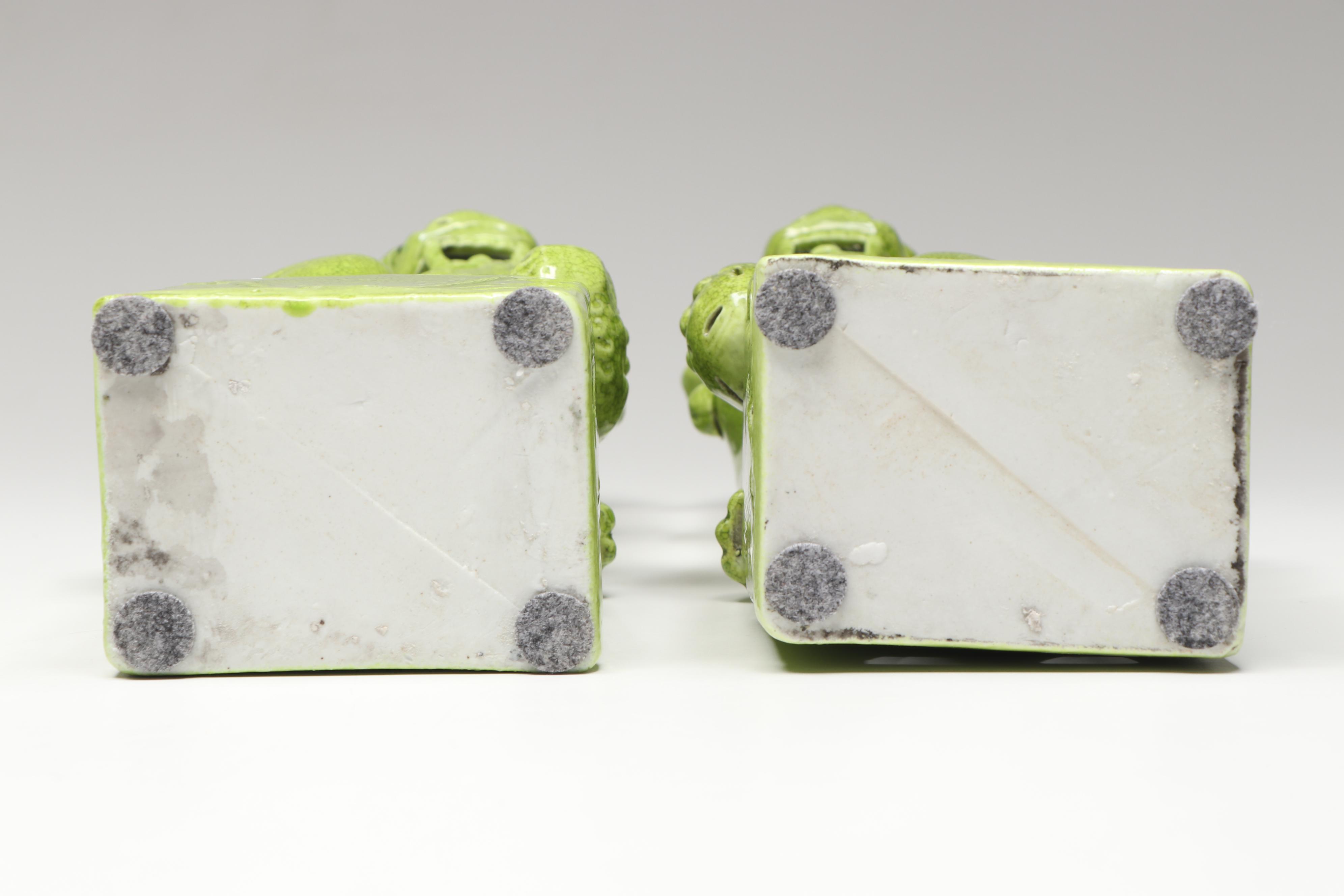 Pair of Chinese Style Green Crackle Glazed Ceramic Guardian Lion Figurines