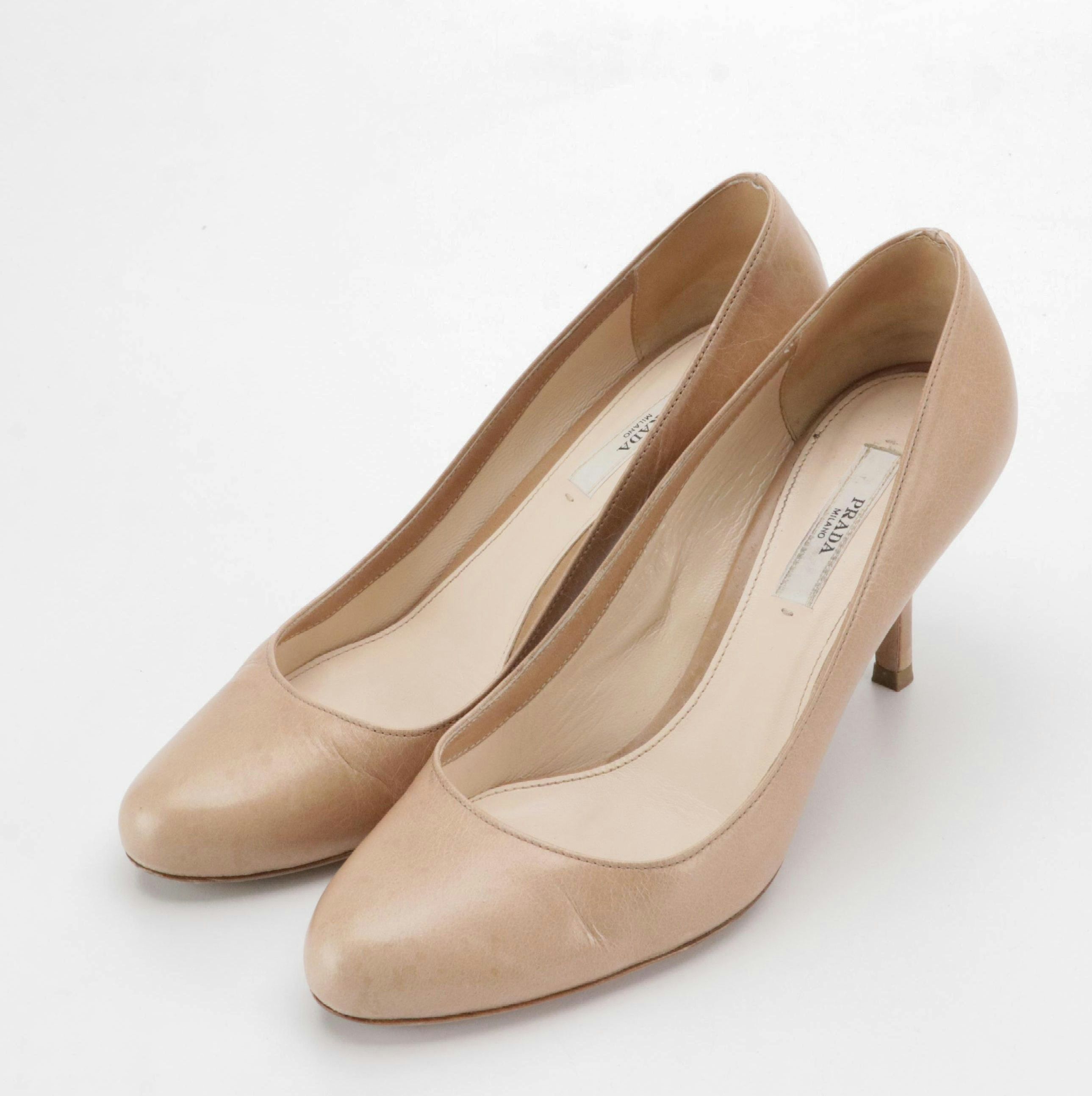 Prada Round-Toe Pumps in Beige Vitello Shine Leather, With Box