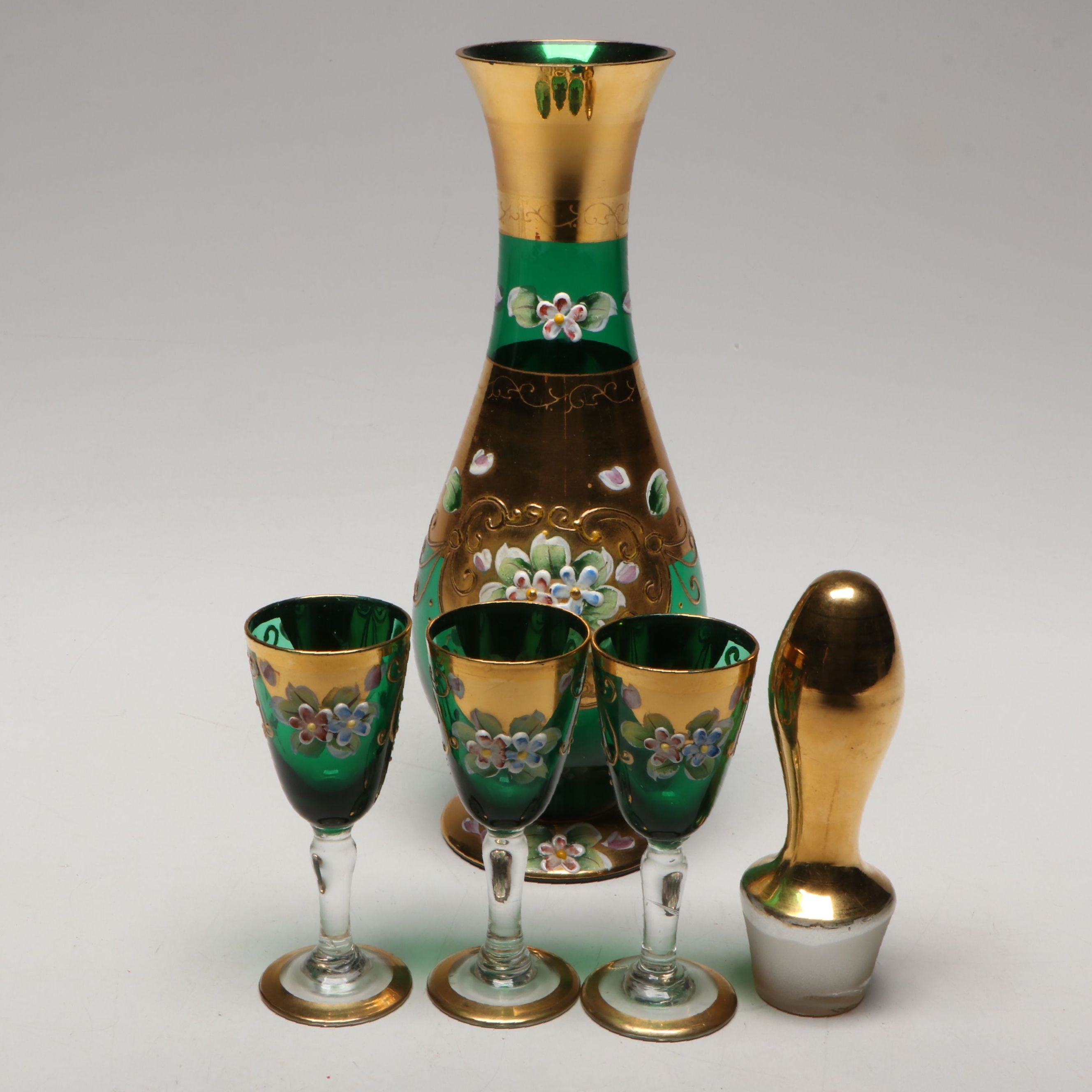 Bohemian Style Gilt Emerald and Enamel Decanter and Cordial Glass Set