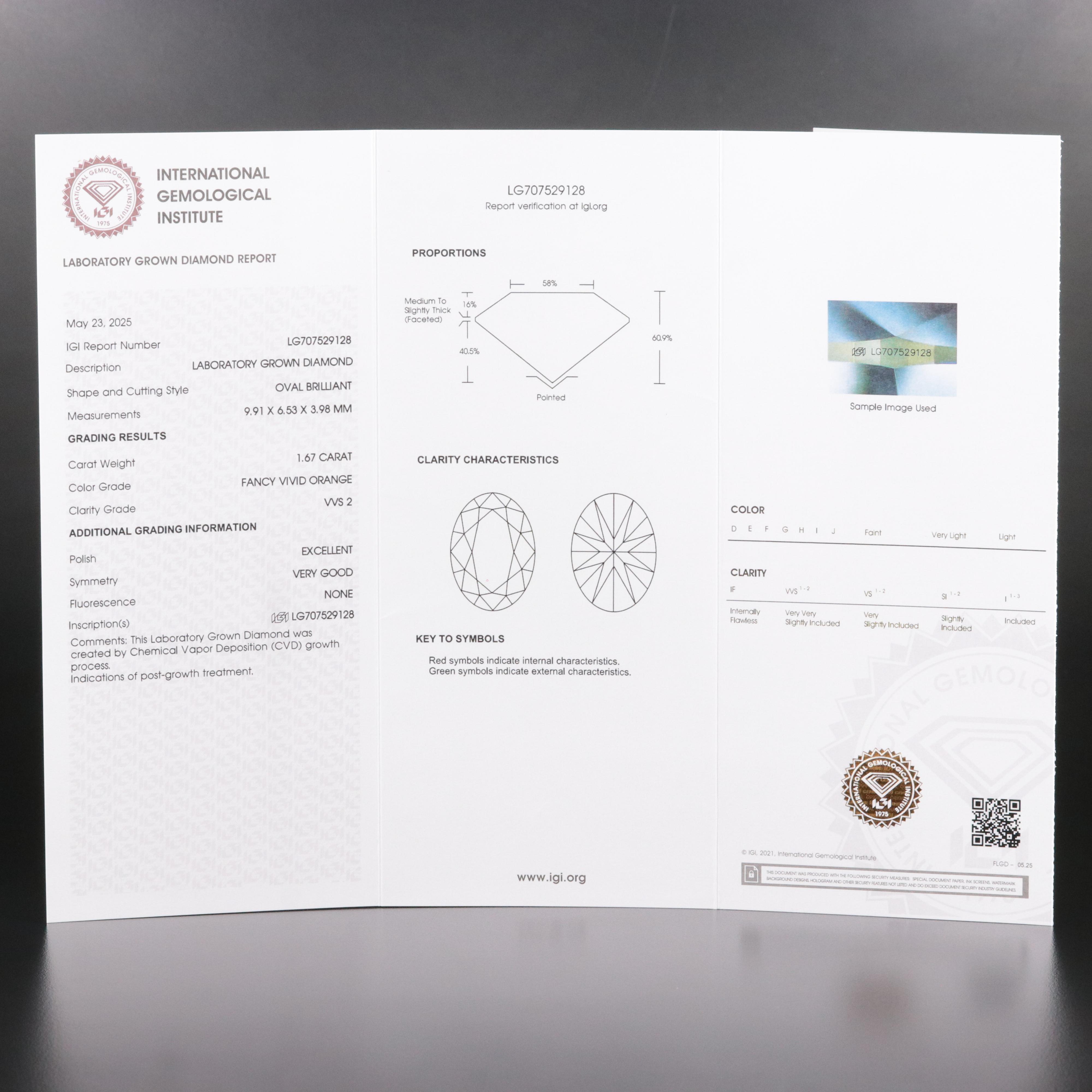 Loose 1.67 CT Fancy Vivid Orange Lab Grown Diamond with IGI Report