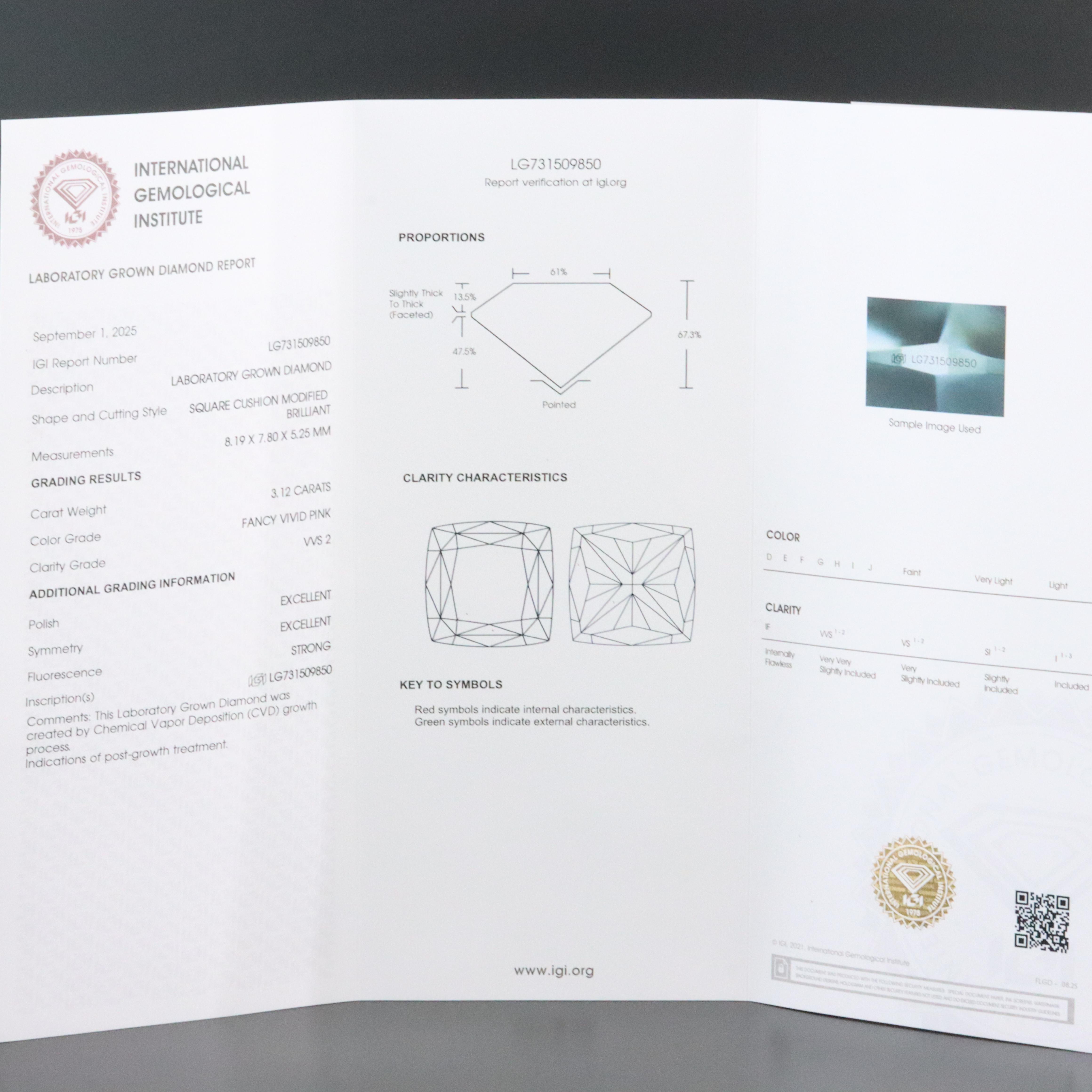 Loose 3.12 CT Lab Grown Fancy Pink Diamond with IGI Report