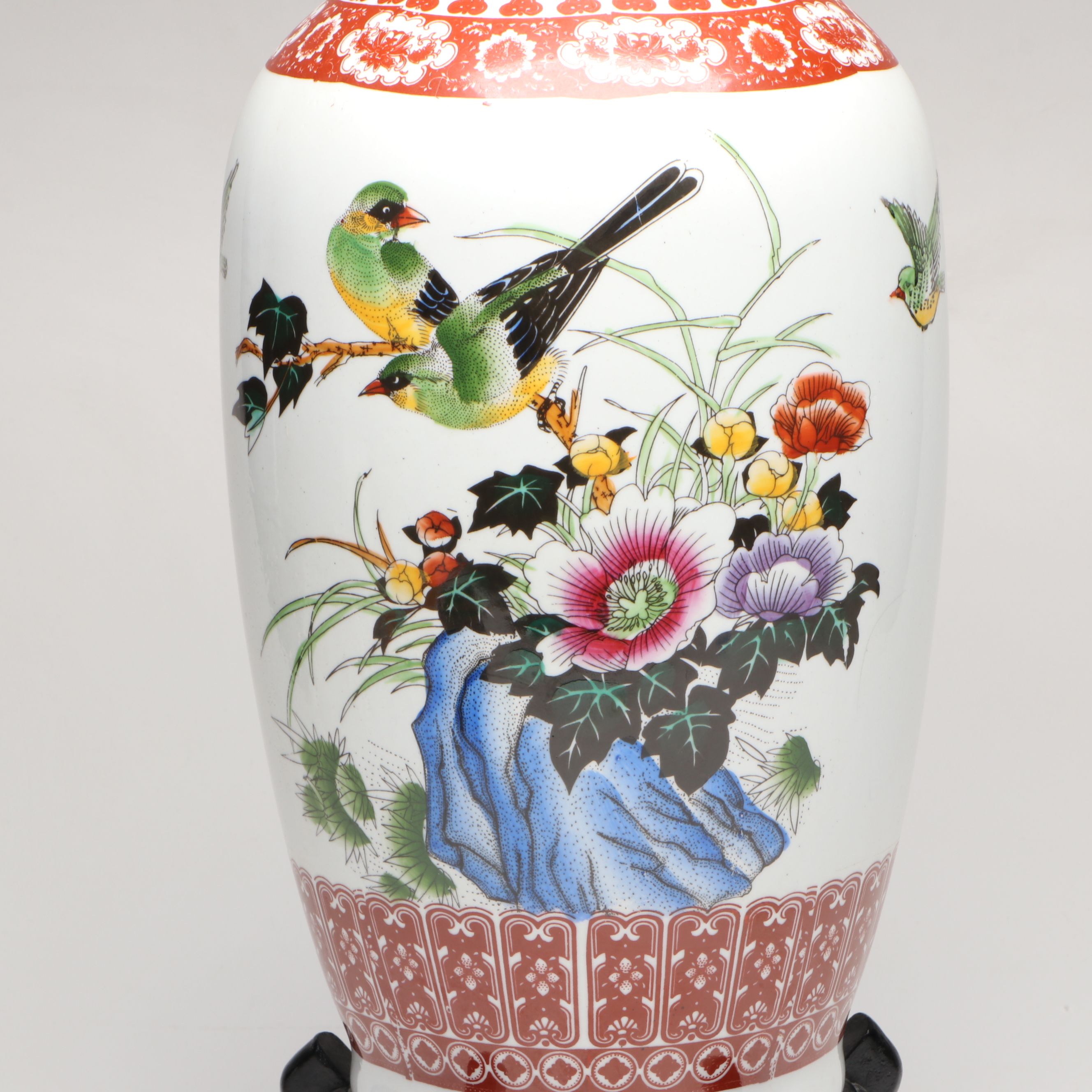 Chinese Porcelain Bird Floor Vase with Carved Wooden Stand