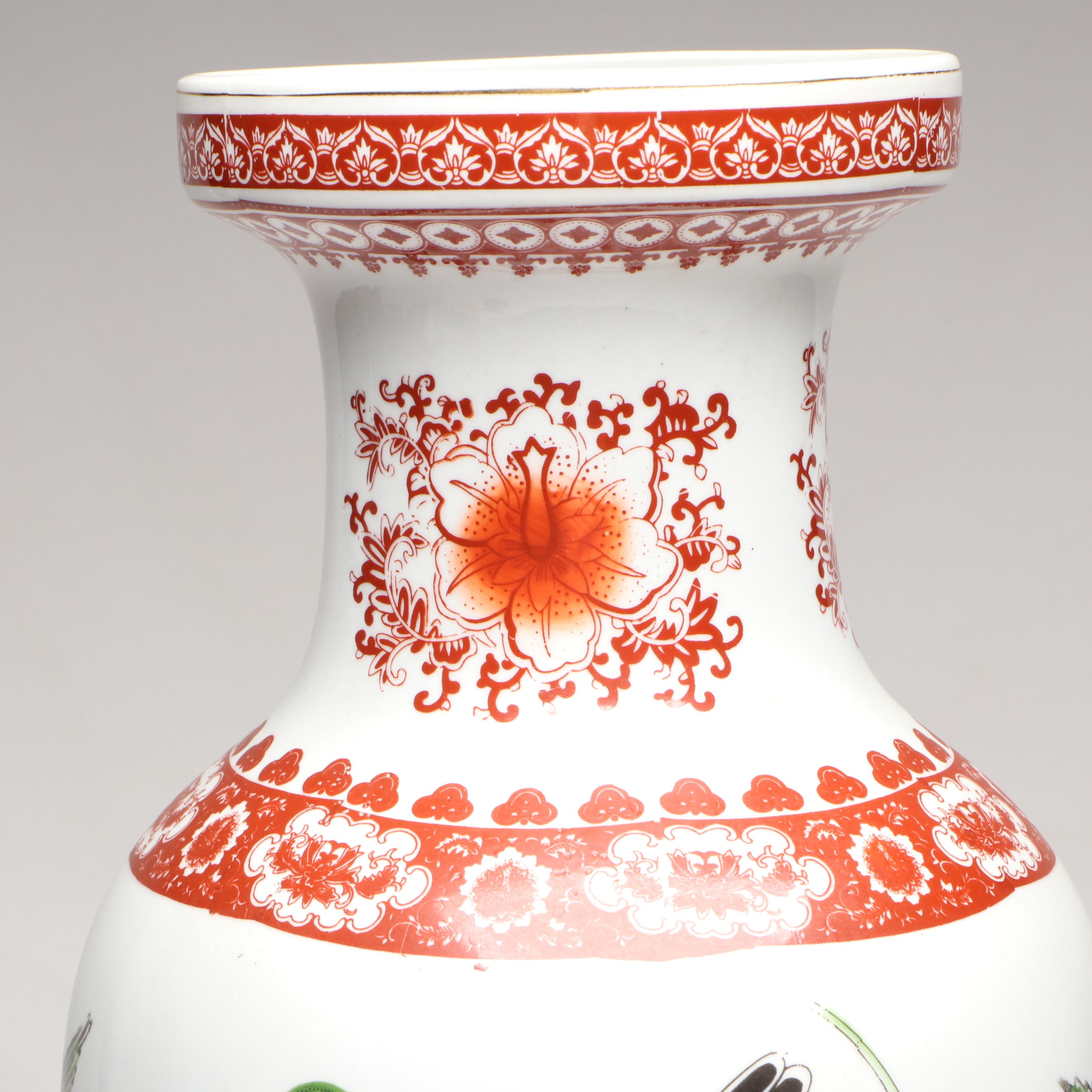 Chinese Porcelain Bird Floor Vase with Carved Wooden Stand