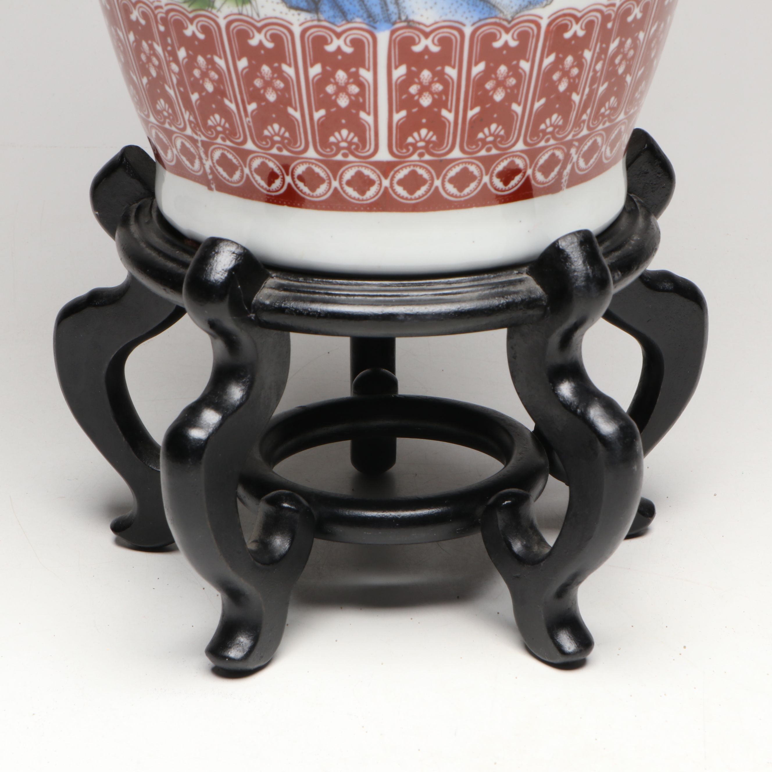 Chinese Porcelain Bird Floor Vase with Carved Wooden Stand