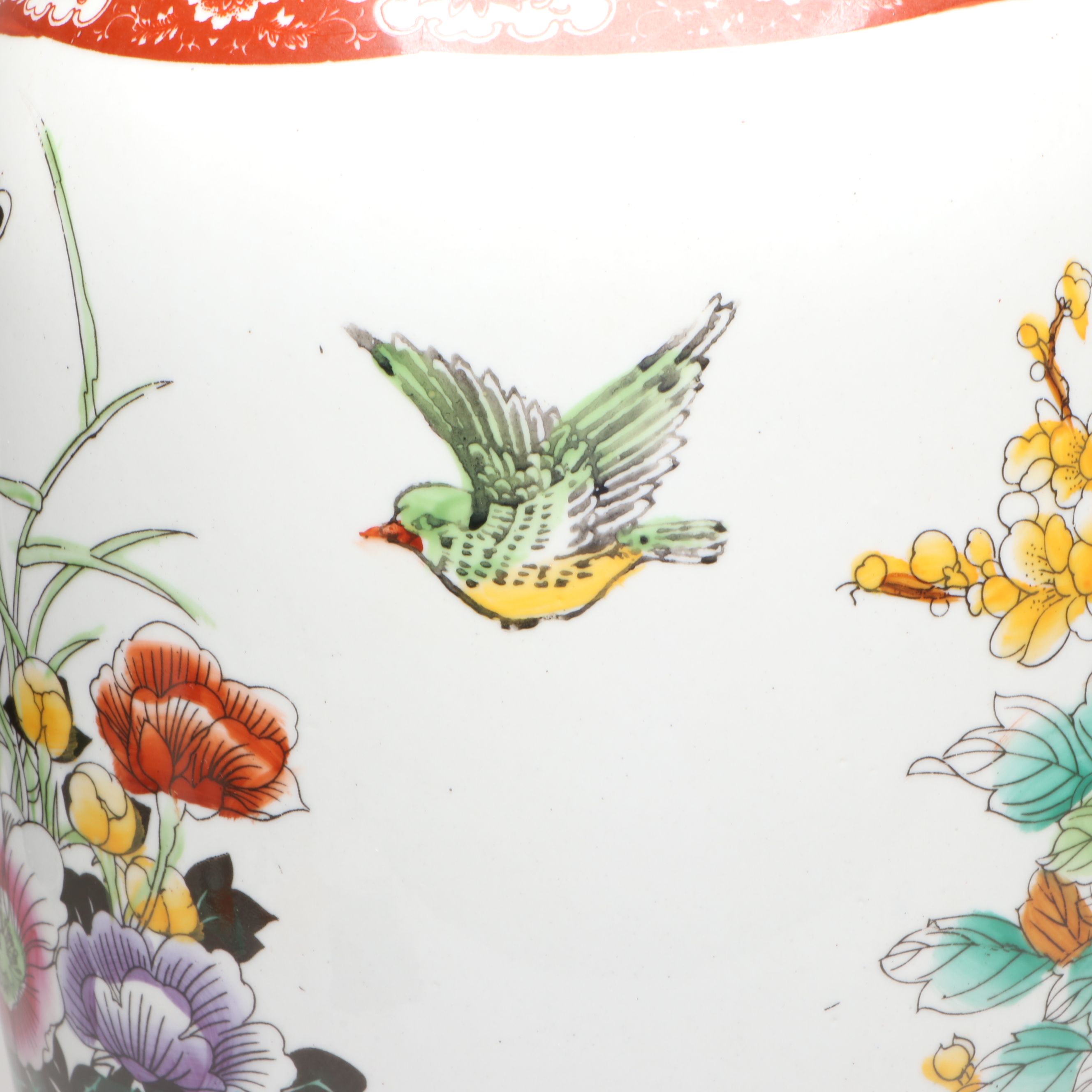 Chinese Porcelain Bird Floor Vase with Carved Wooden Stand