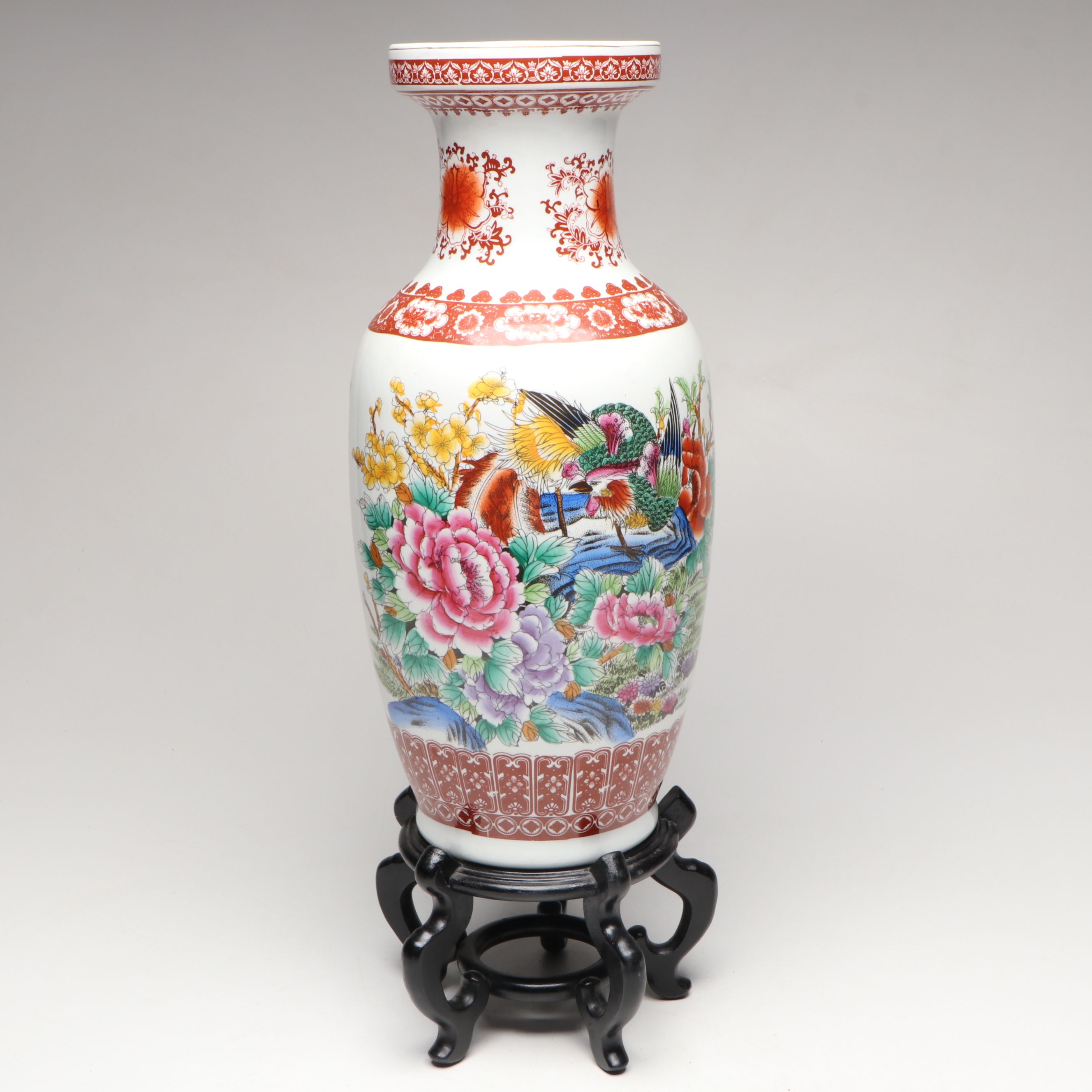 Chinese Porcelain Bird Floor Vase with Carved Wooden Stand