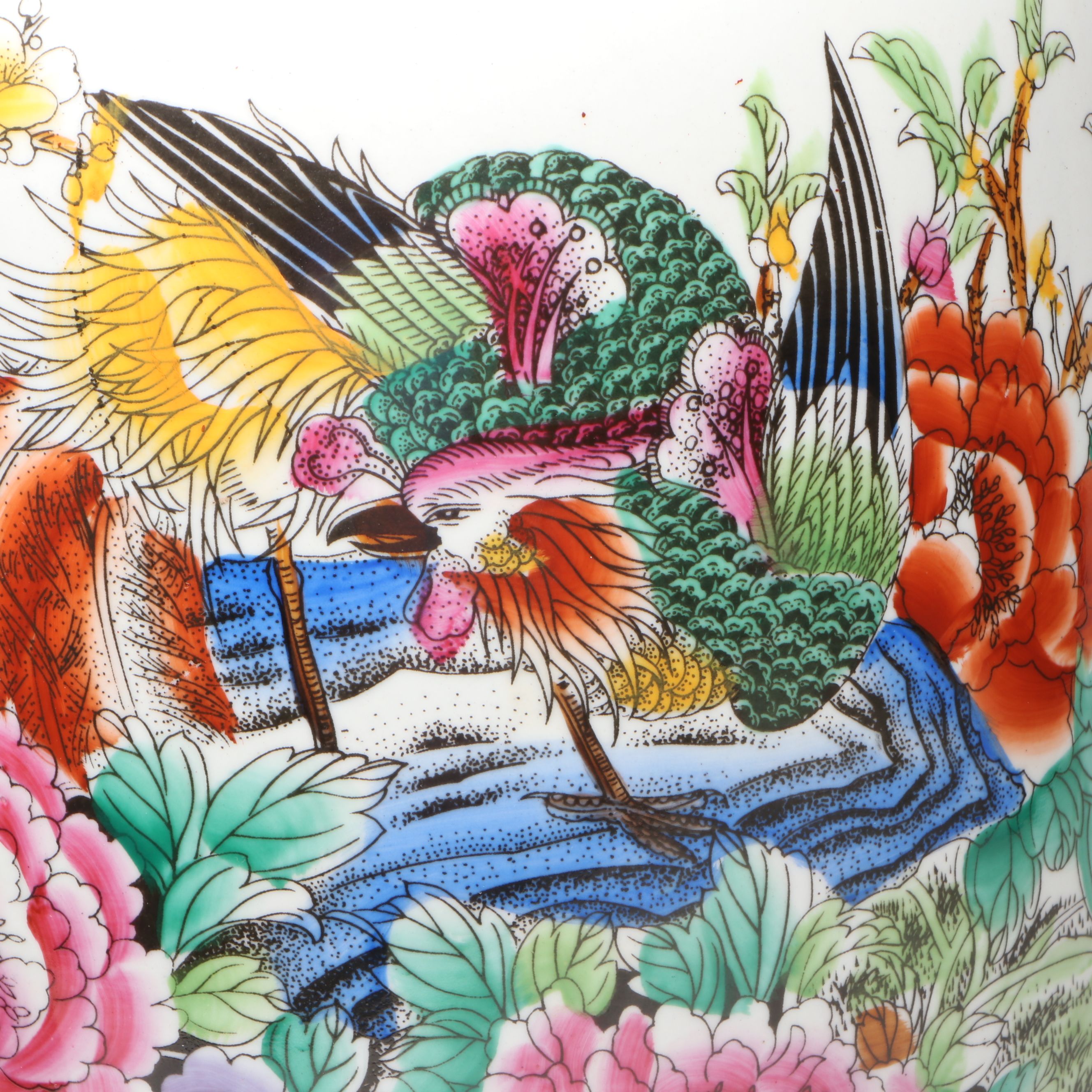 Chinese Porcelain Bird Floor Vase with Carved Wooden Stand