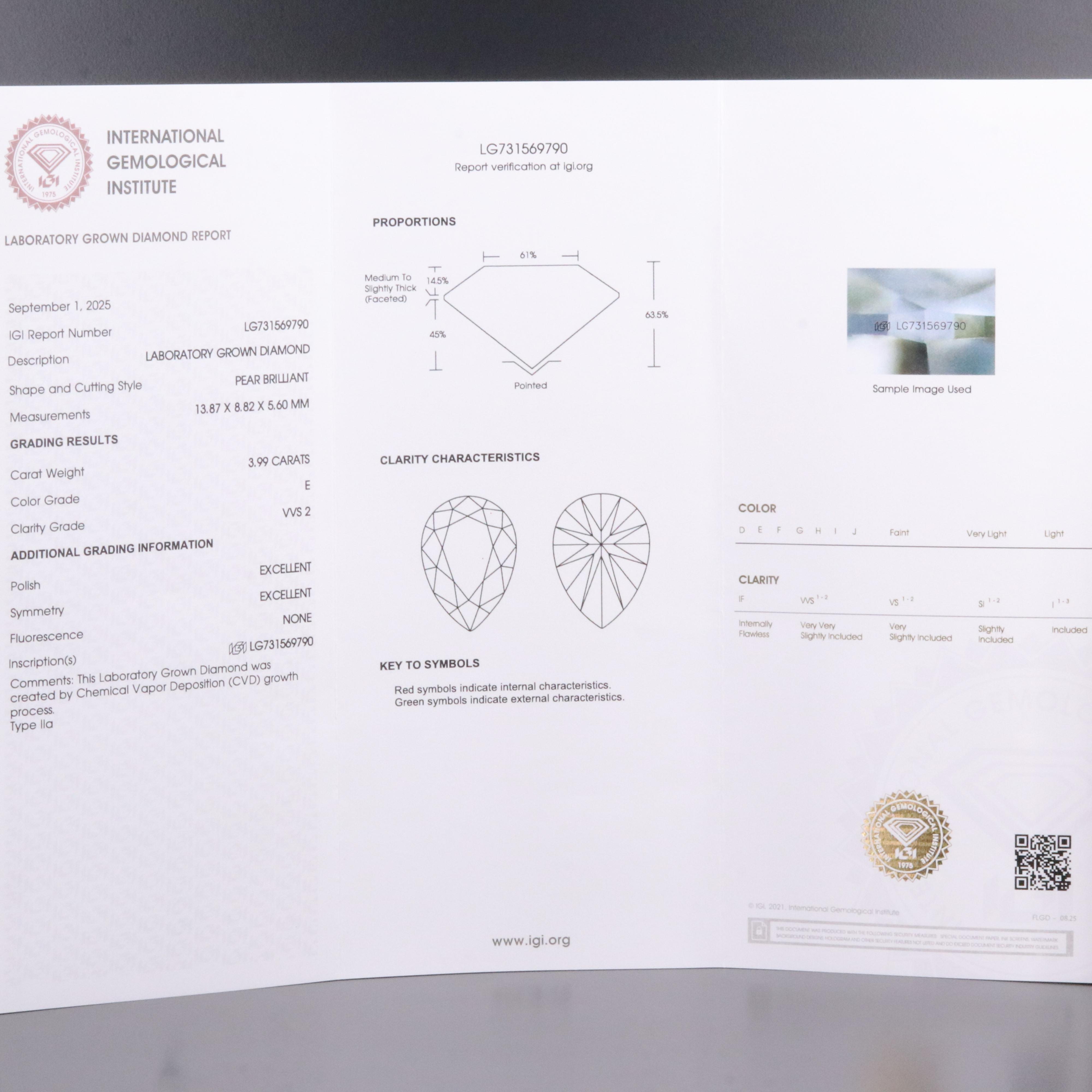 Loose 3.99 CT Lab Grown Diamond with IGI Report