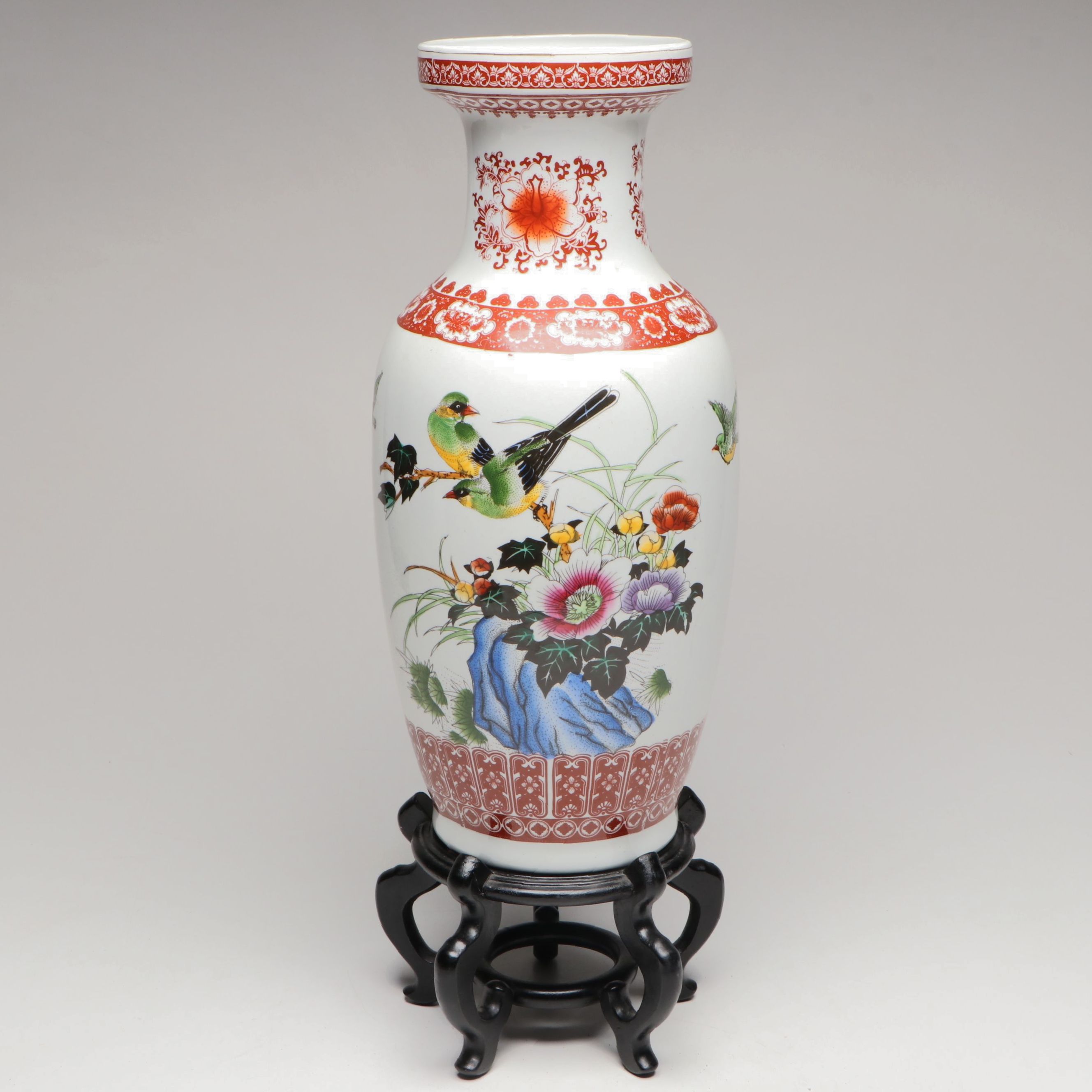 Chinese Porcelain Bird Floor Vase with Carved Wooden Stand