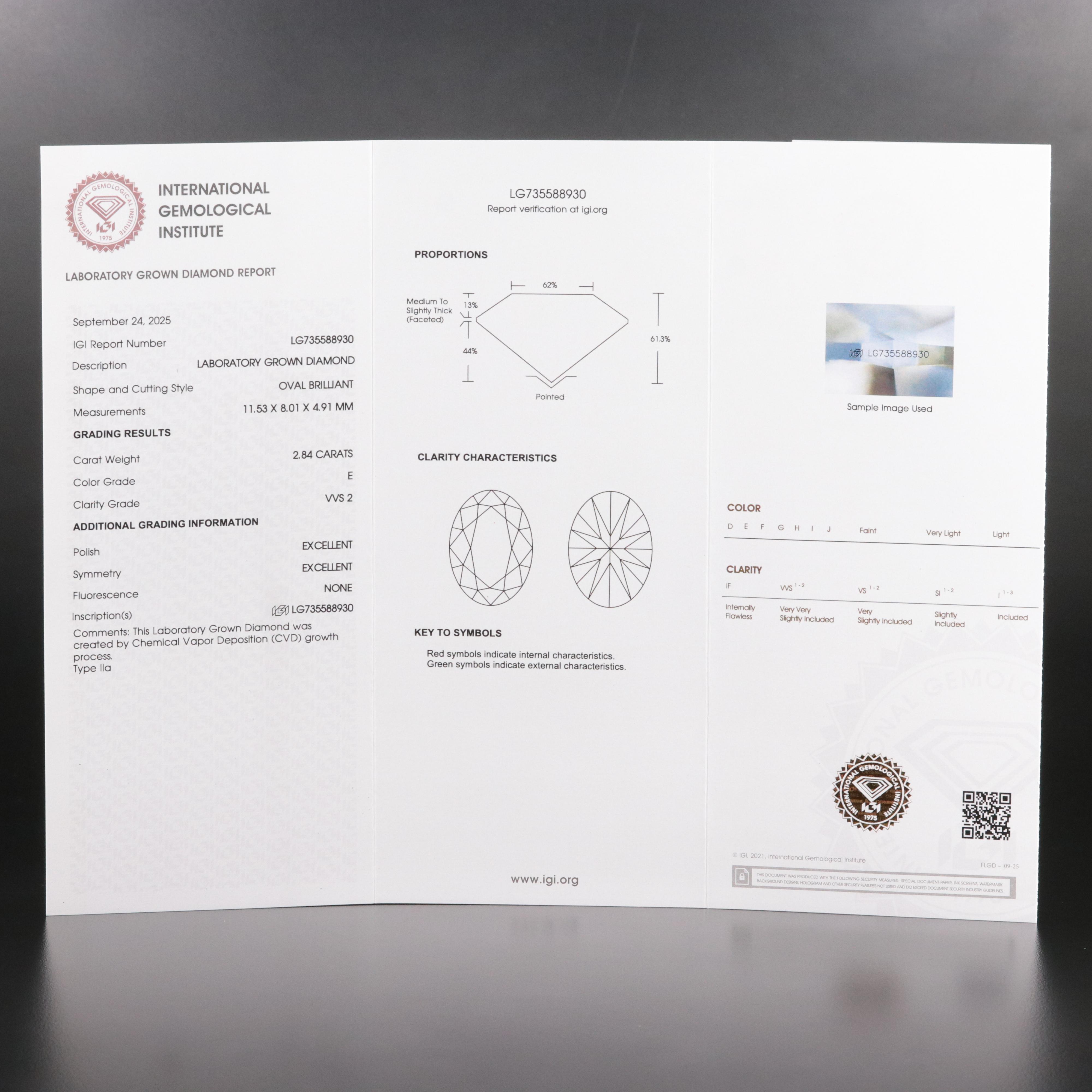 Loose 2.84 CT Lab Grown Diamond with IGI Report