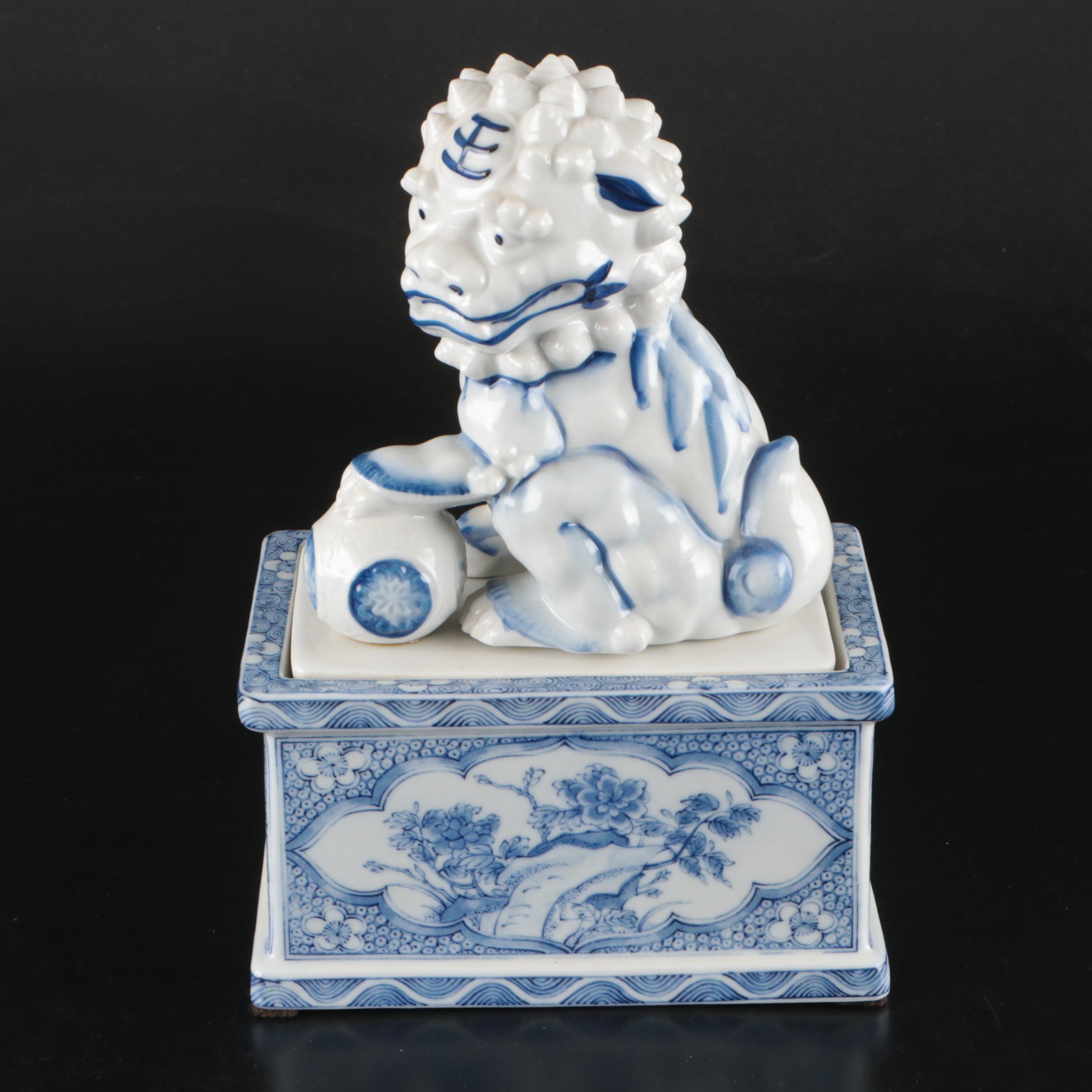 Andrea by Sadek Japanese Blue and White Porcelain Guardian Lion Box