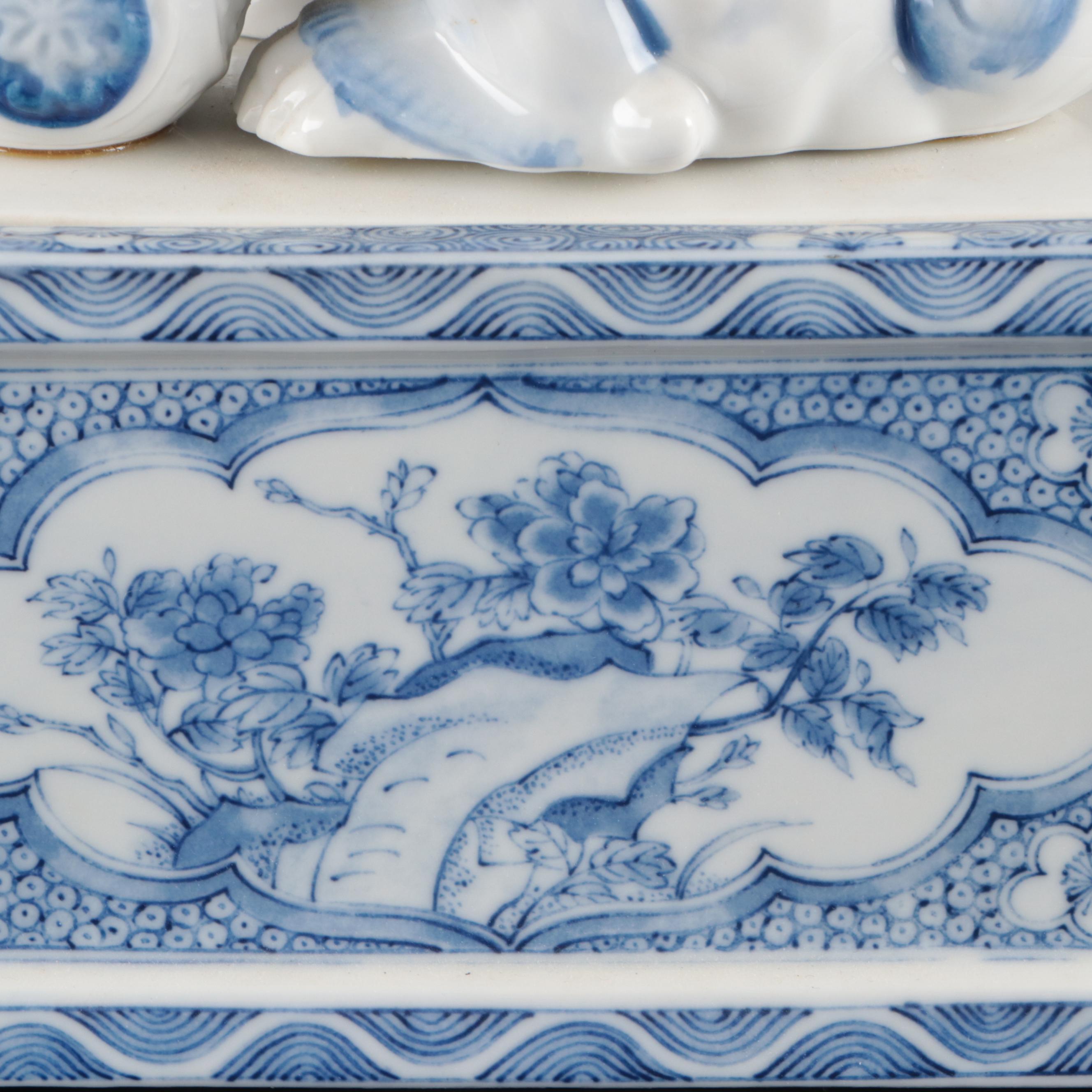 Andrea by Sadek Japanese Blue and White Porcelain Guardian Lion Box