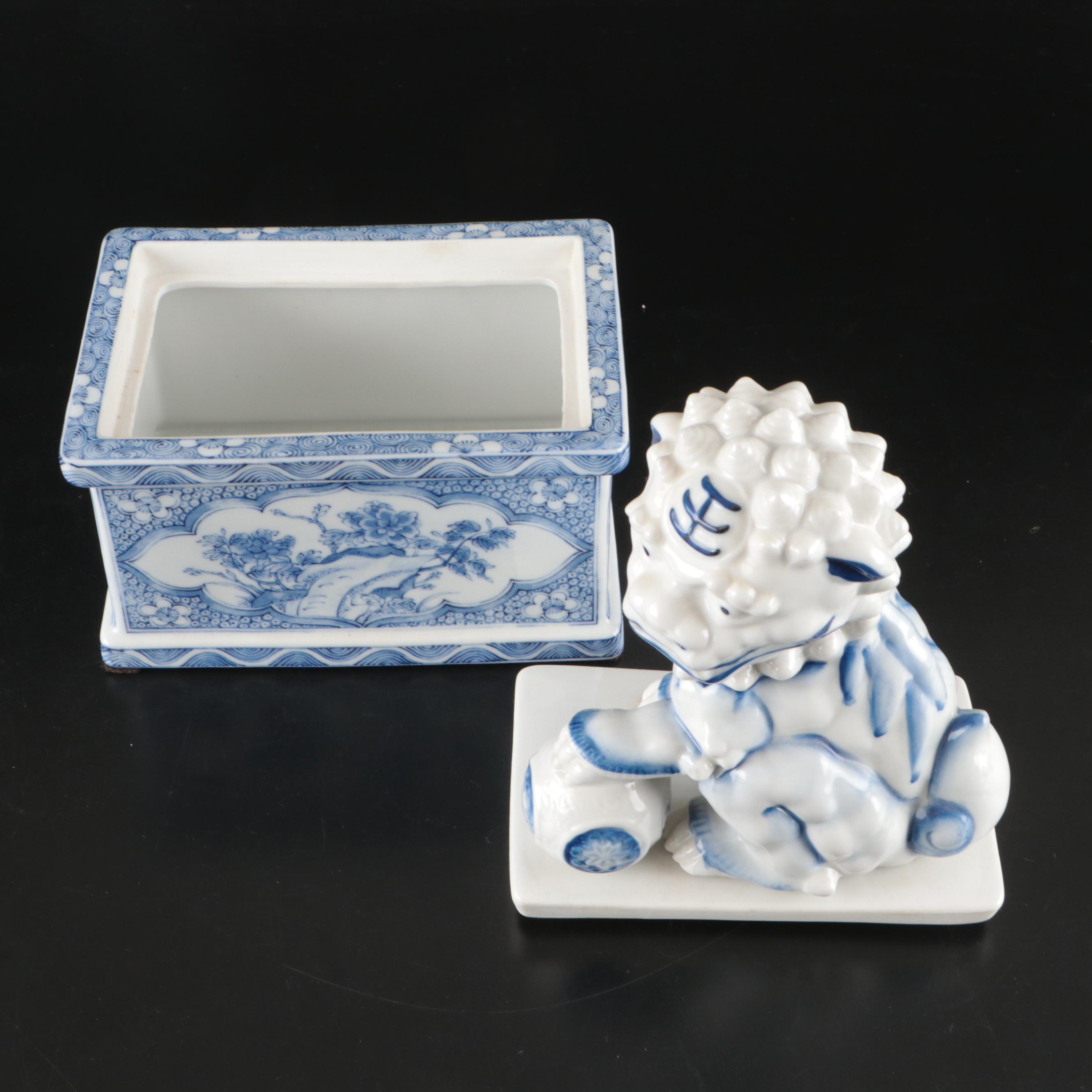 Andrea by Sadek Japanese Blue and White Porcelain Guardian Lion Box