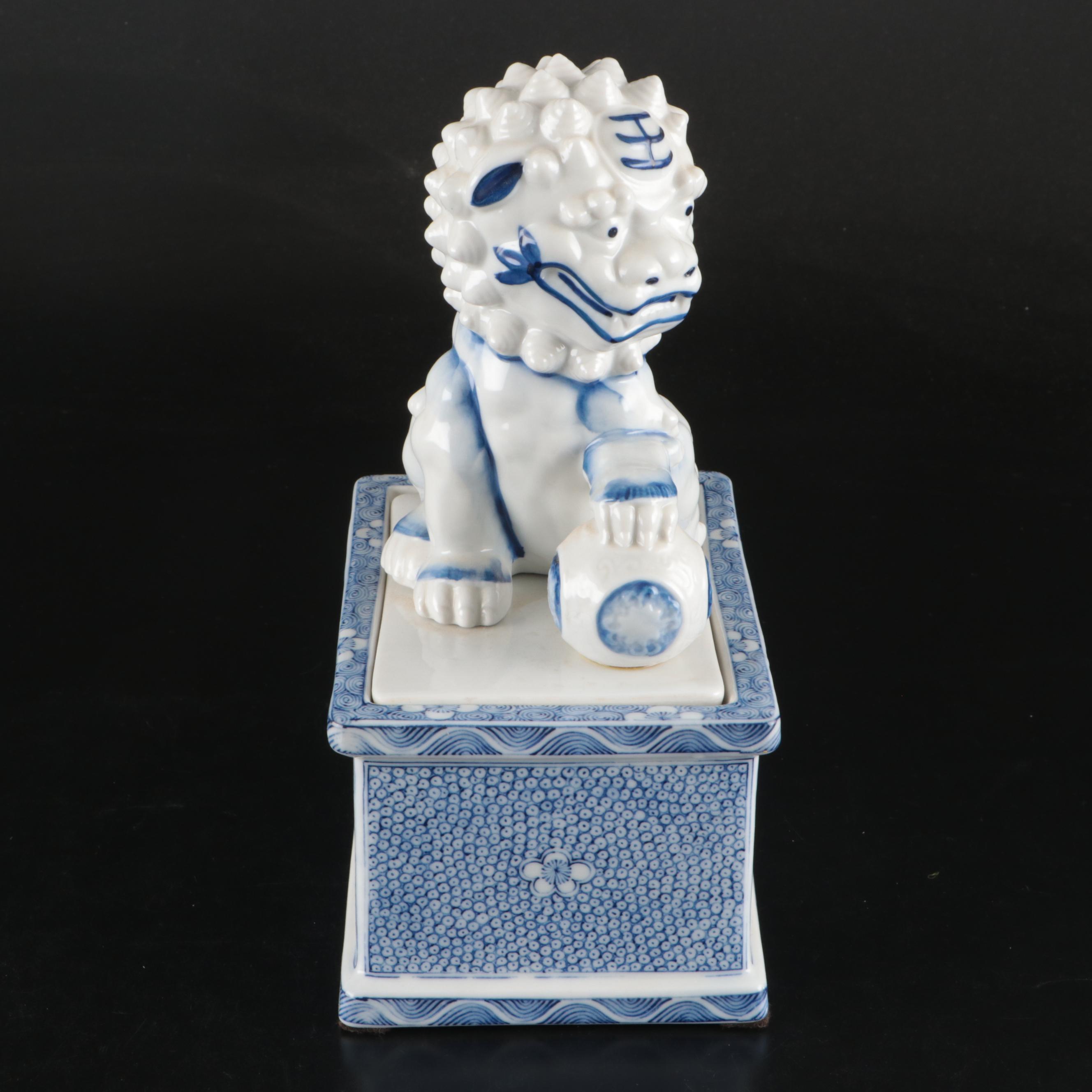 Andrea by Sadek Japanese Blue and White Porcelain Guardian Lion Box