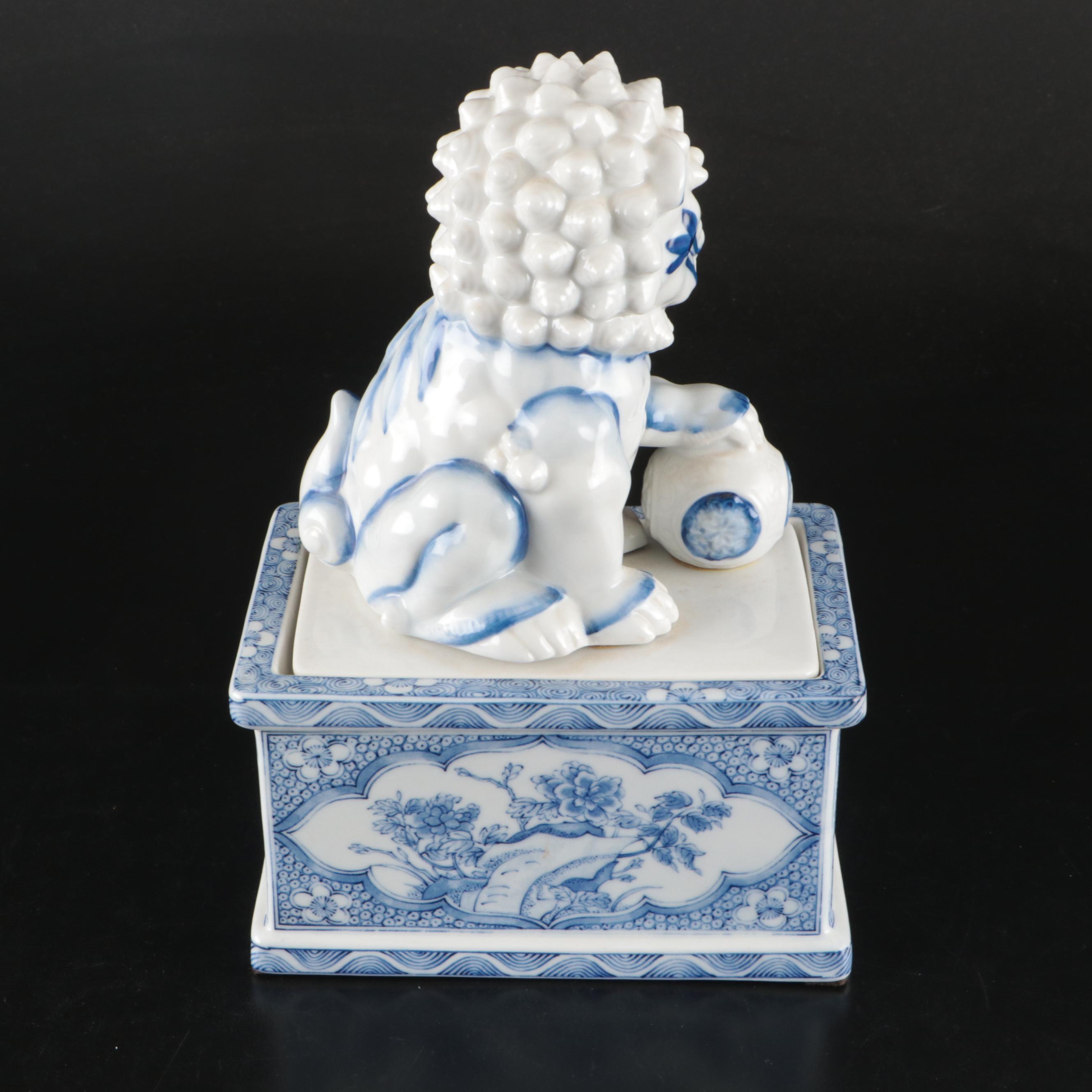 Andrea by Sadek Japanese Blue and White Porcelain Guardian Lion Box