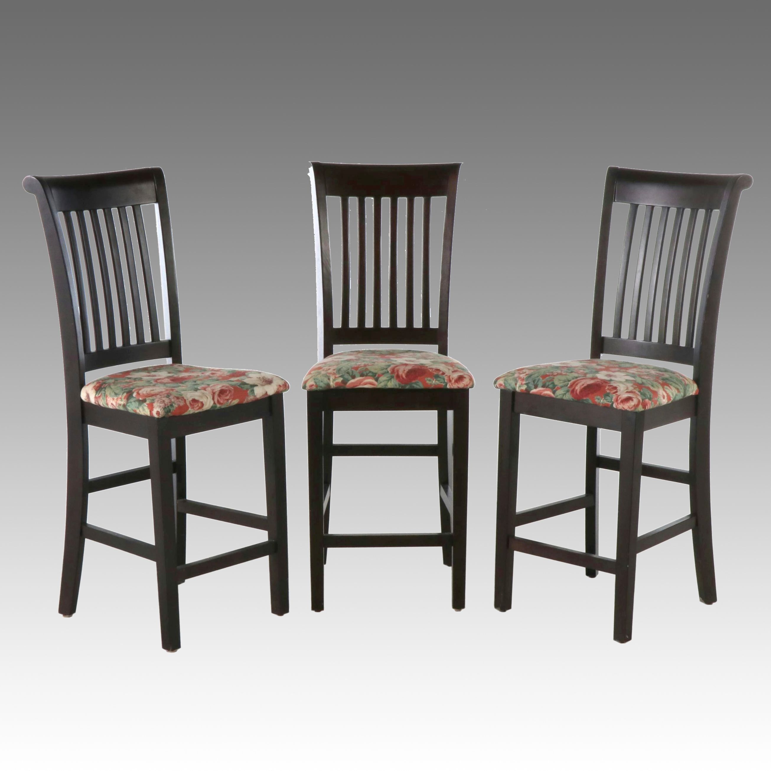 Set of Three Wooden Shaker Style Slat Back Stools