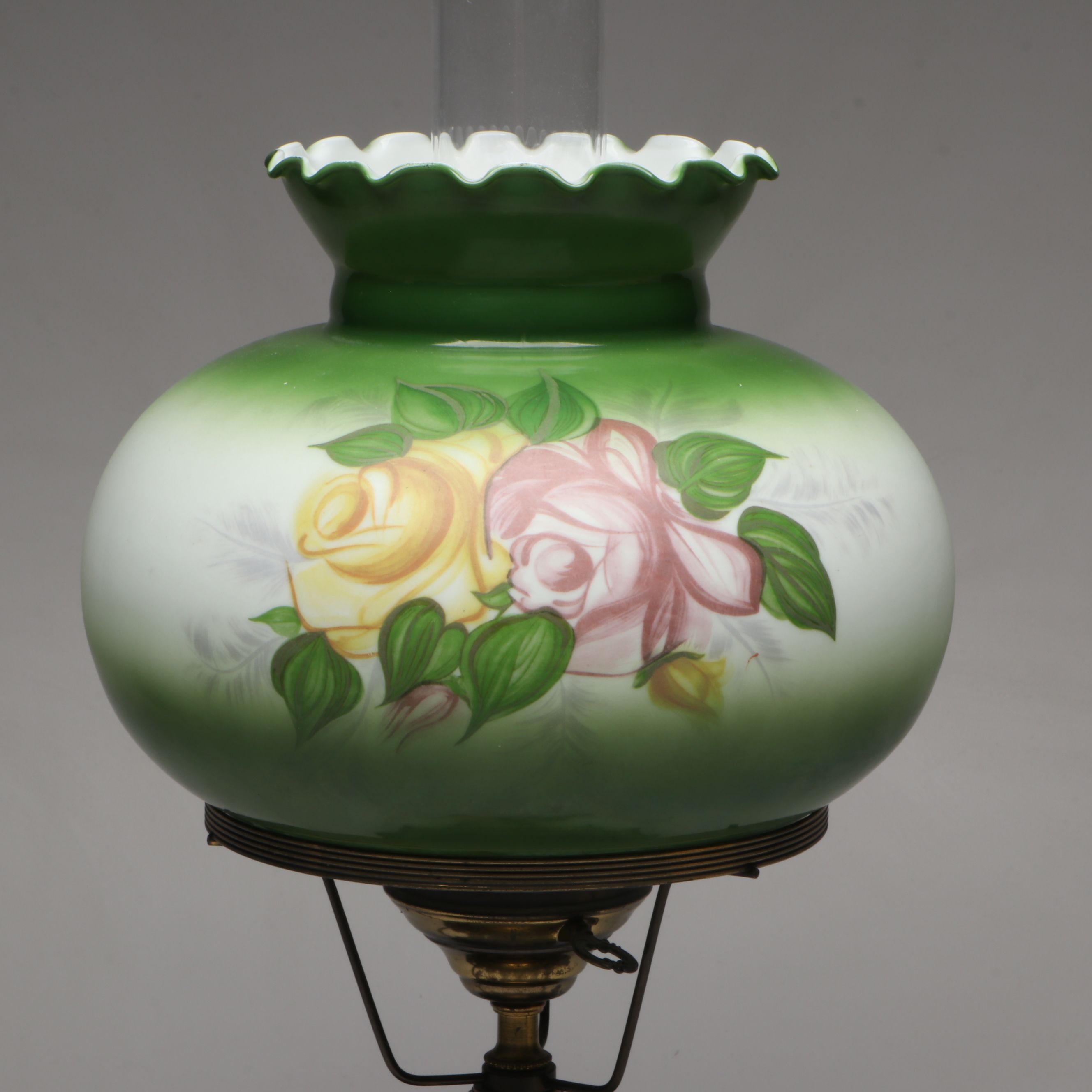 Loevsky & Loevsky Victorian Style Hand-Painted Green Floral Parlor Lamp, 1971