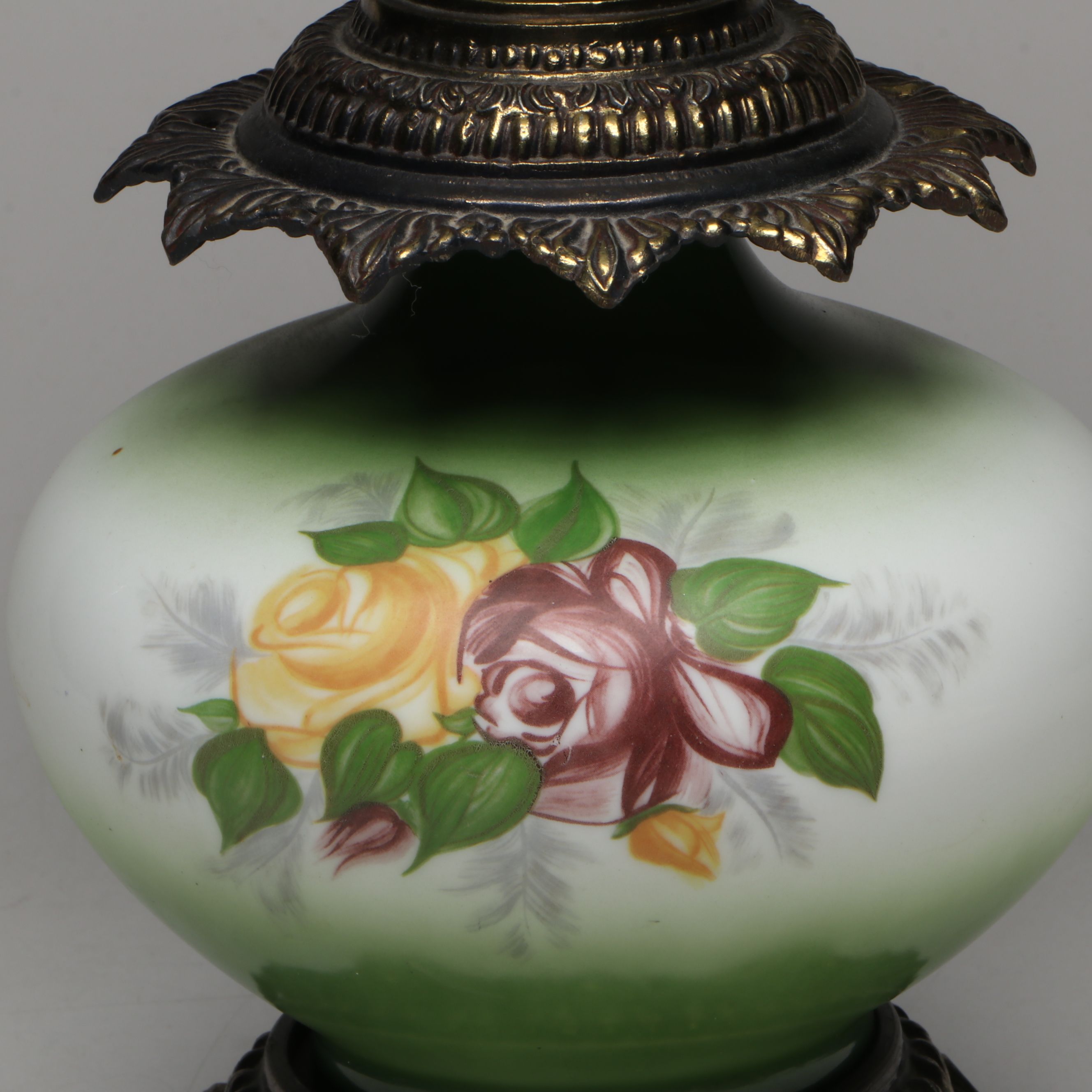 Loevsky & Loevsky Victorian Style Hand-Painted Green Floral Parlor Lamp, 1971