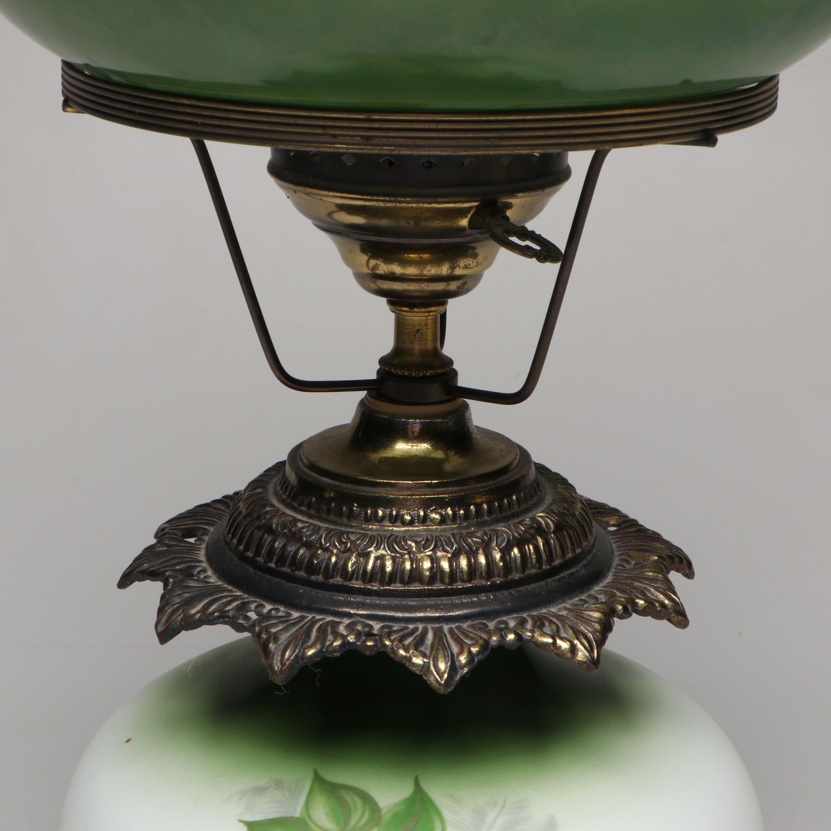 Loevsky & Loevsky Victorian Style Hand-Painted Green Floral Parlor Lamp, 1971