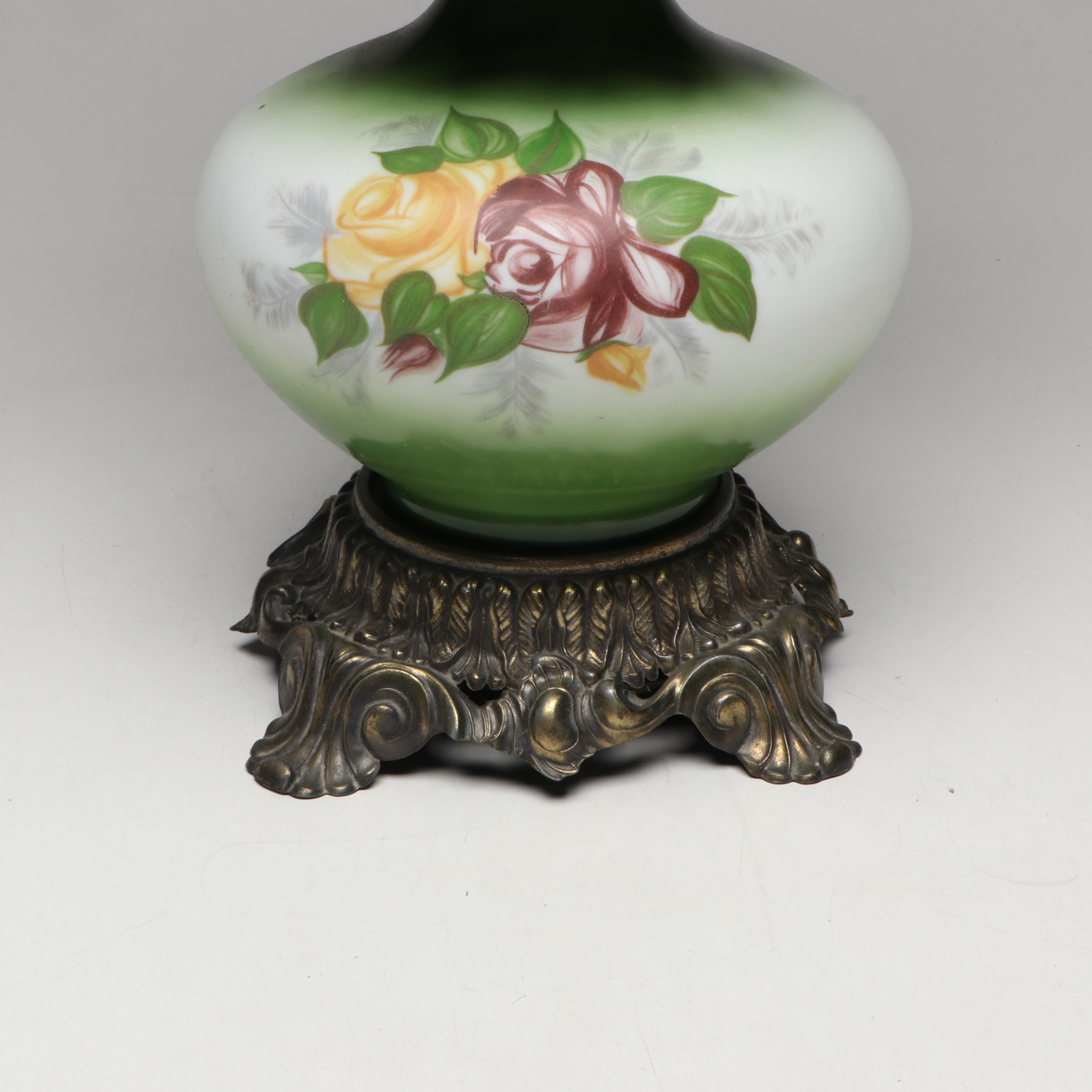 Loevsky & Loevsky Victorian Style Hand-Painted Green Floral Parlor Lamp, 1971