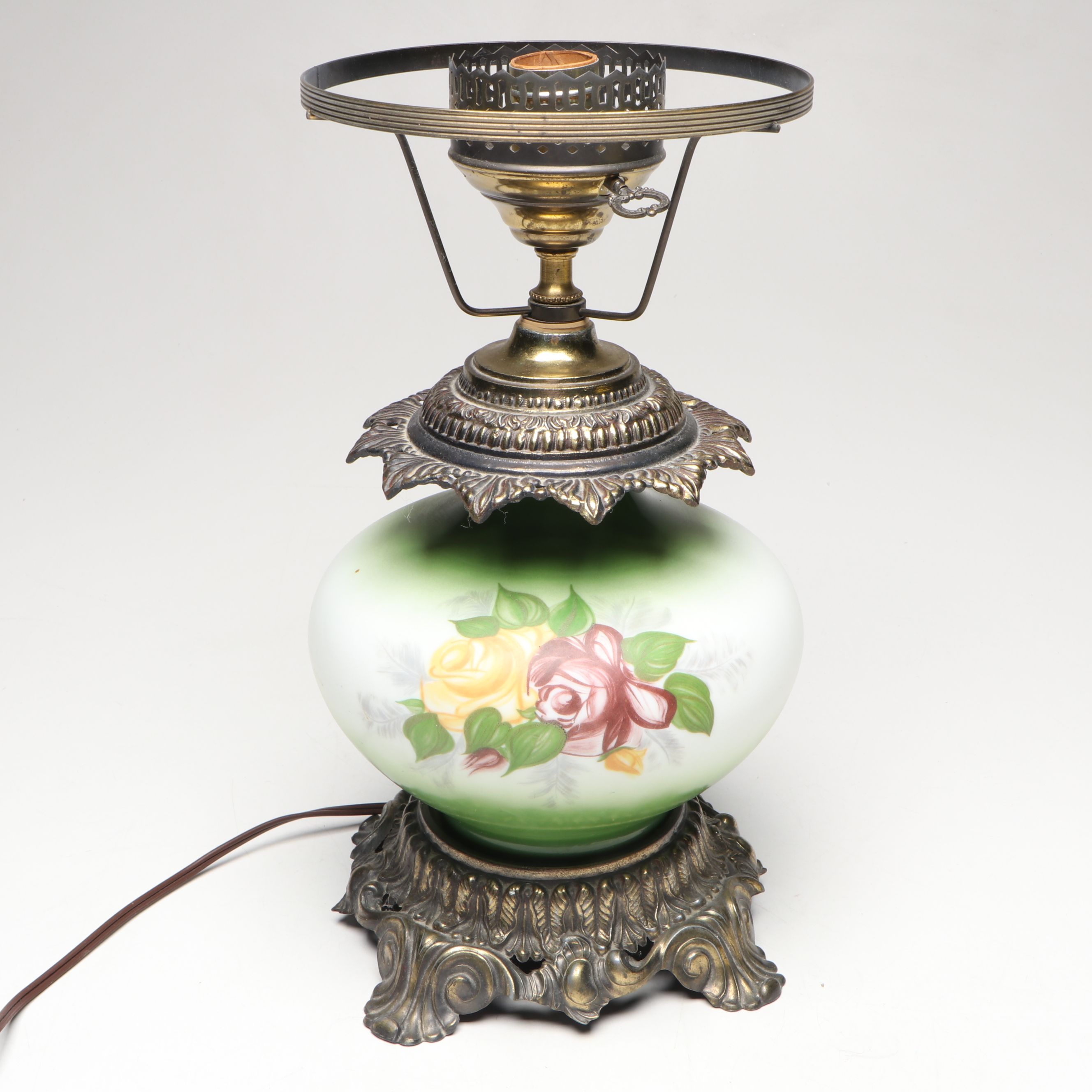 Loevsky & Loevsky Victorian Style Hand-Painted Green Floral Parlor Lamp, 1971