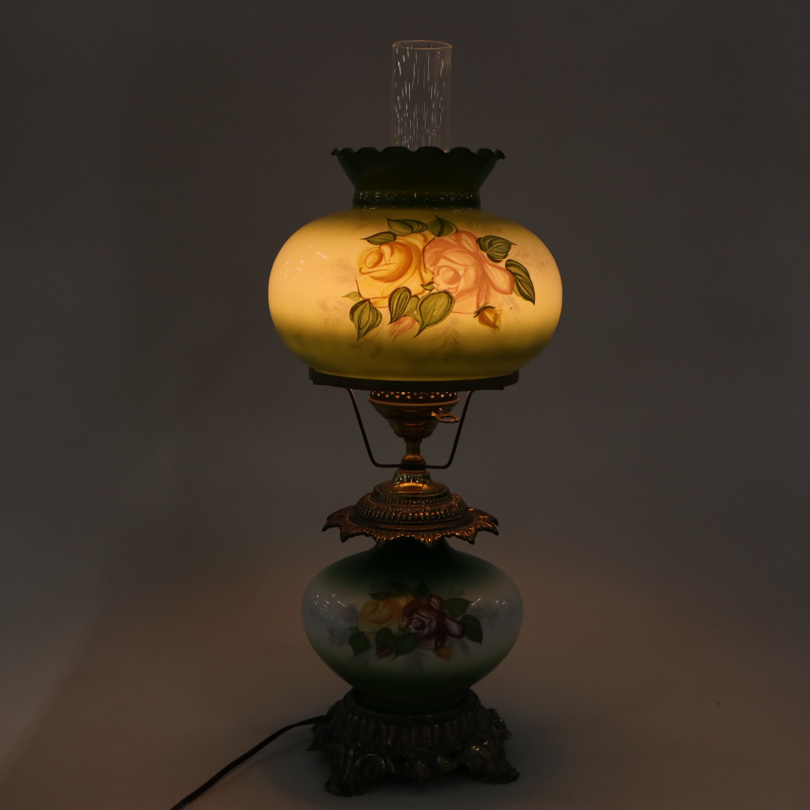 Loevsky & Loevsky Victorian Style Hand-Painted Green Floral Parlor Lamp, 1971