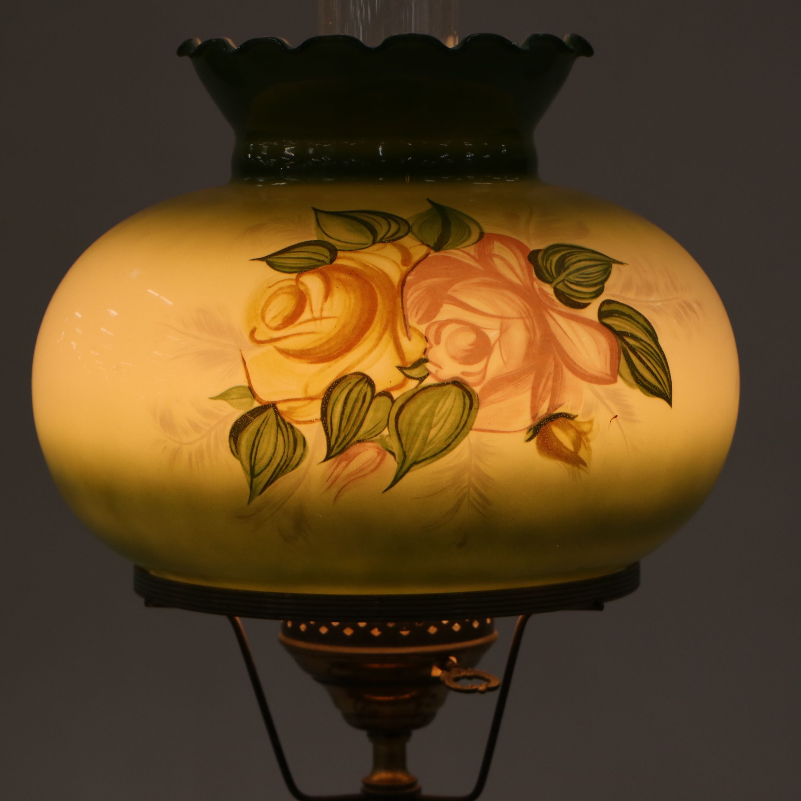 Loevsky & Loevsky Victorian Style Hand-Painted Green Floral Parlor Lamp, 1971