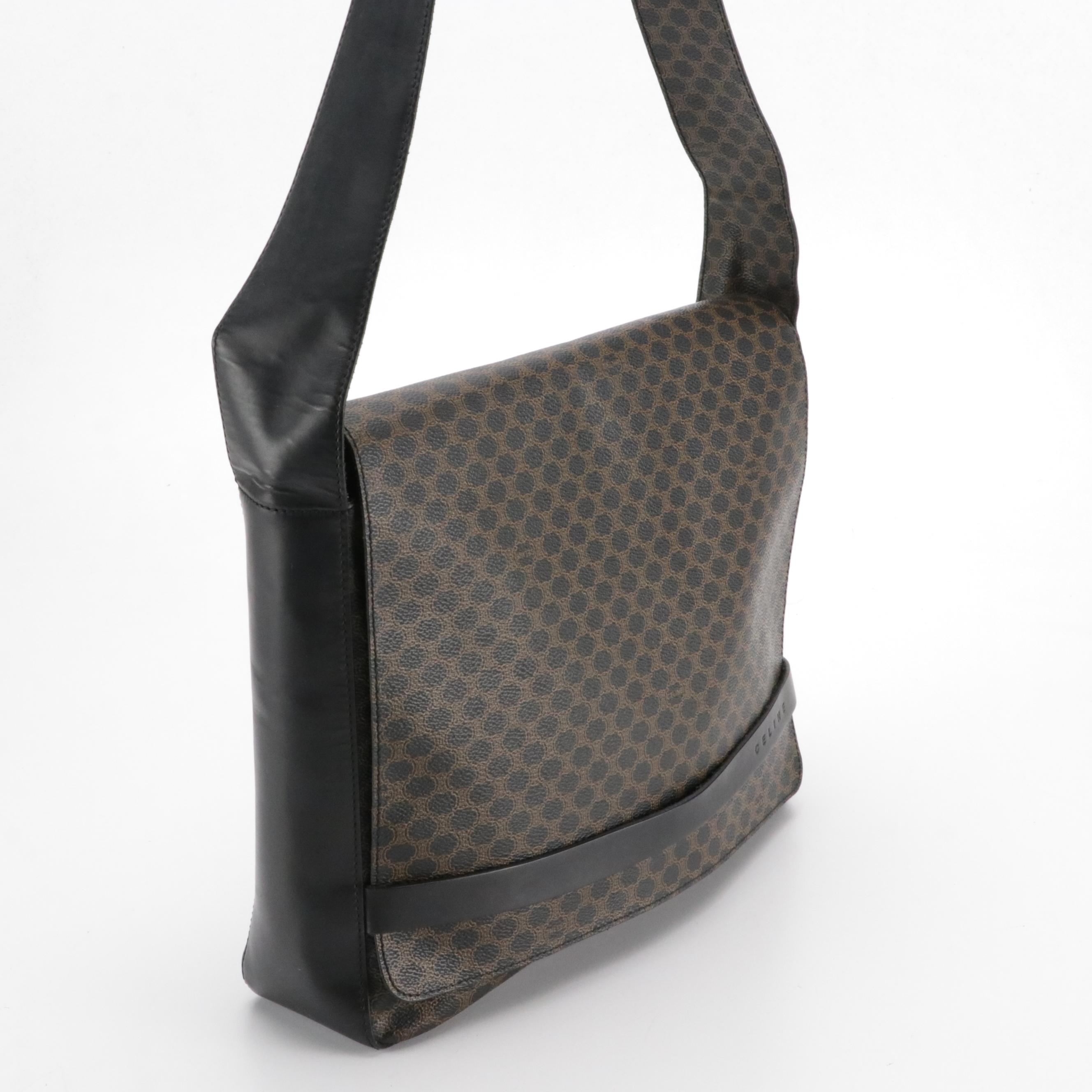 Celine Full Flap Messenger Bag in Black Macadam Coated Canvas and Black Leather