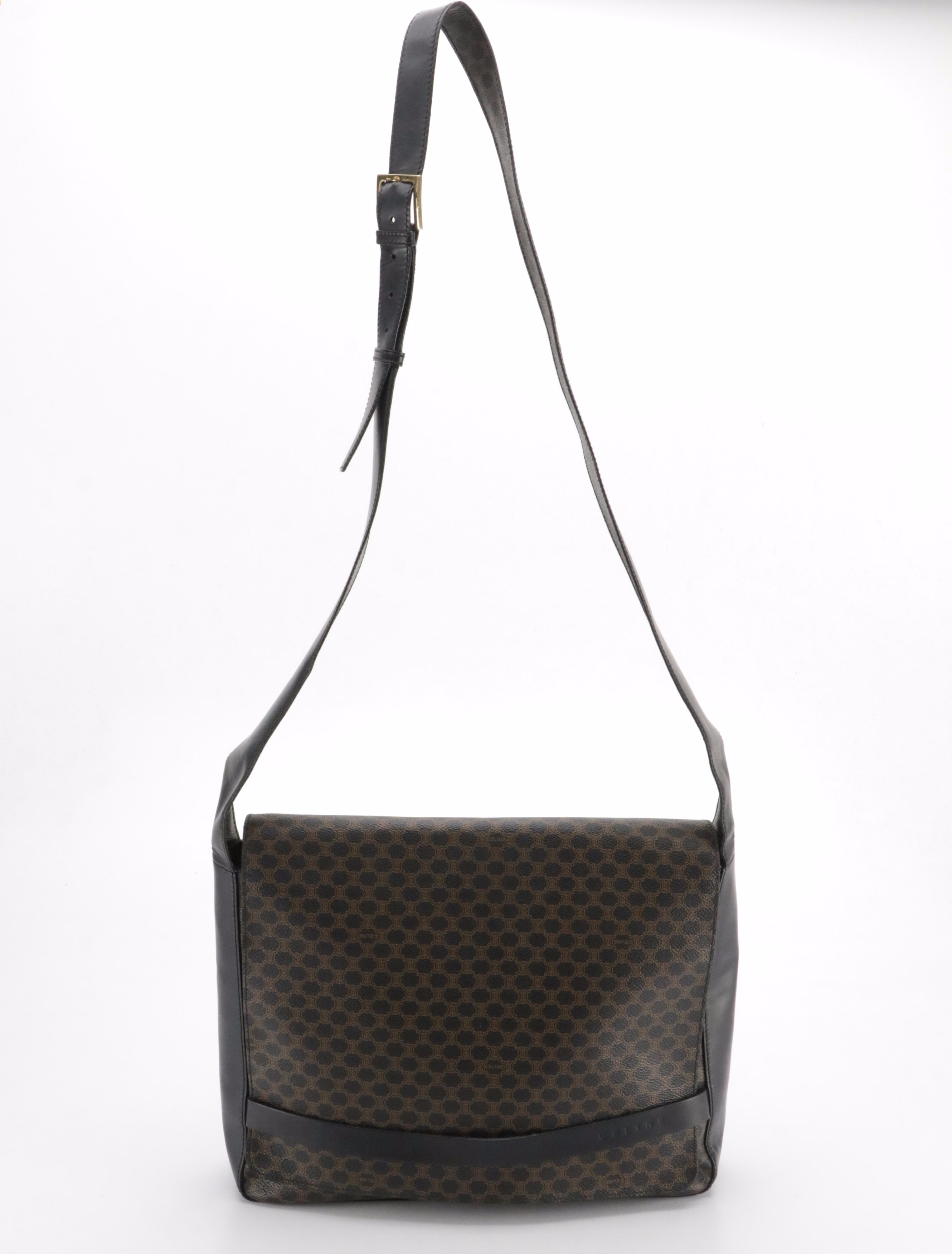 Celine Full Flap Messenger Bag in Black Macadam Coated Canvas and Black Leather