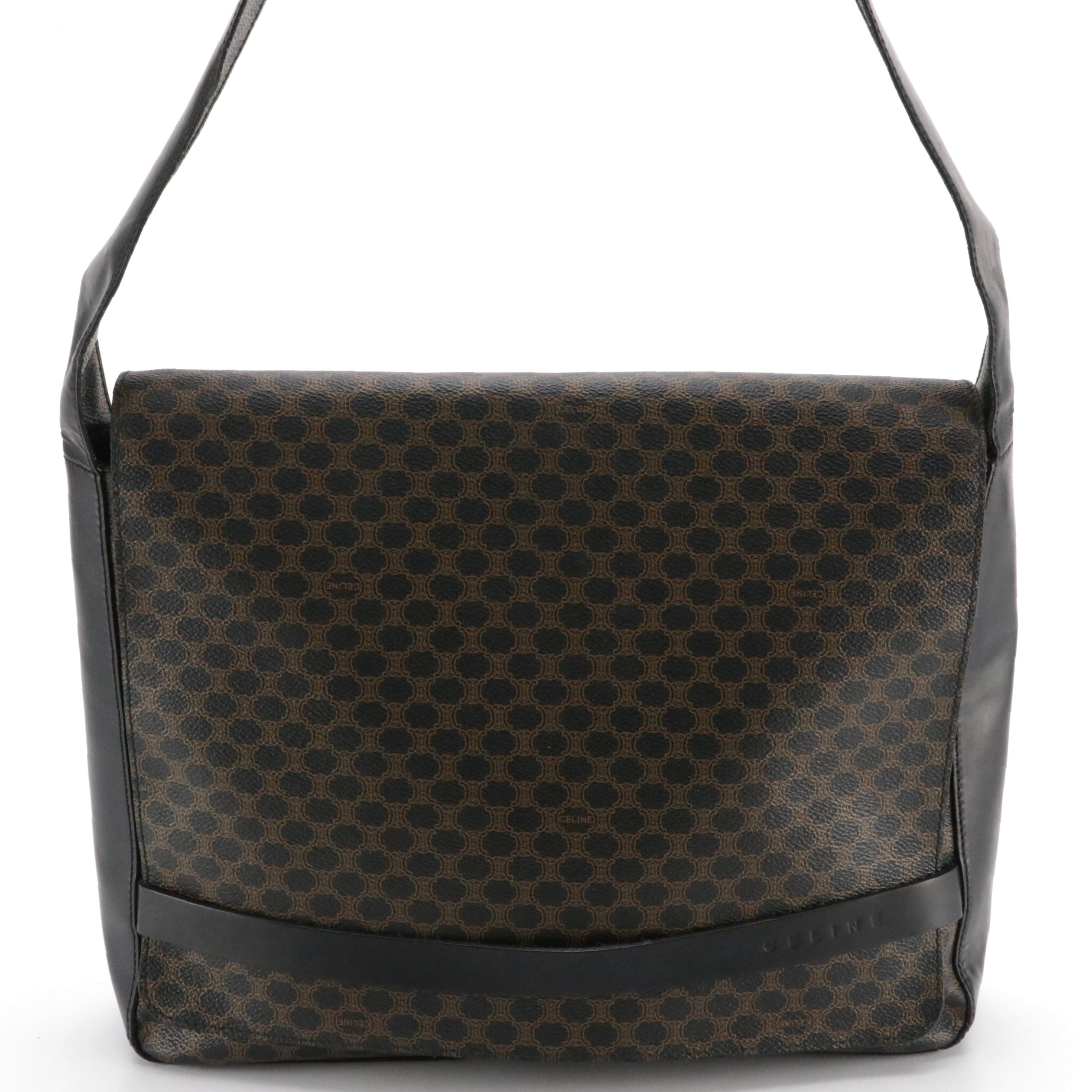 Celine Full Flap Messenger Bag in Black Macadam Coated Canvas and Black Leather