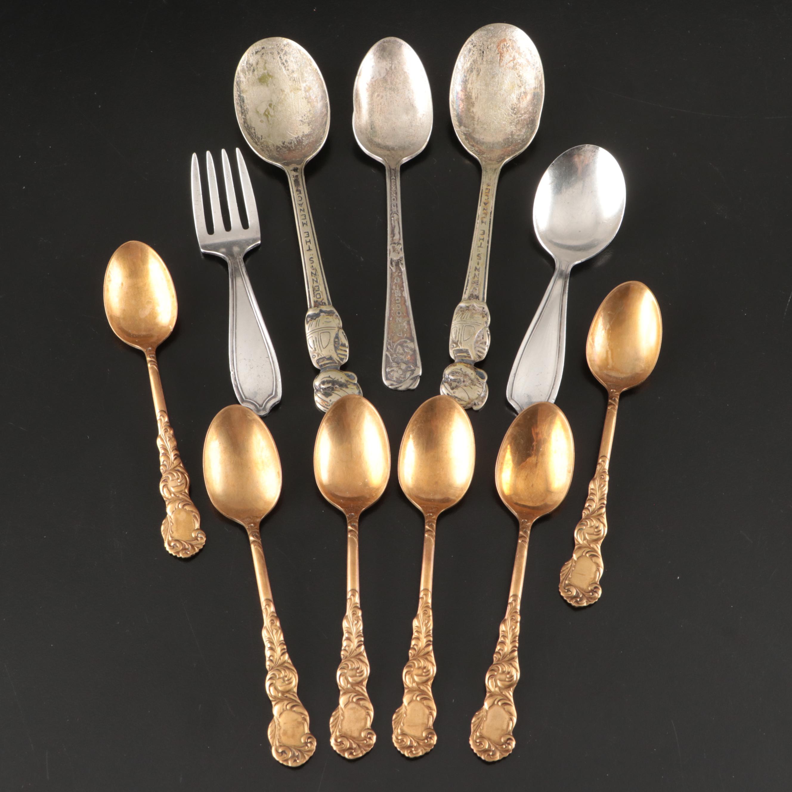 Lullaby Sterling Child's Spoon and Fork with Silver Plate Spoons